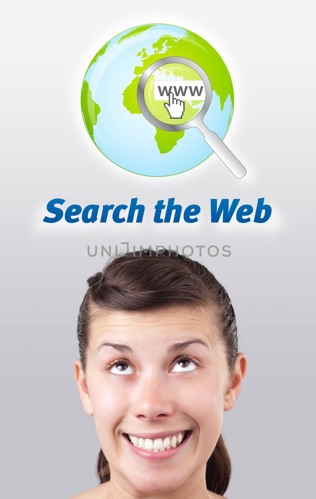 Young gril head looking with gesture at internet type of icons