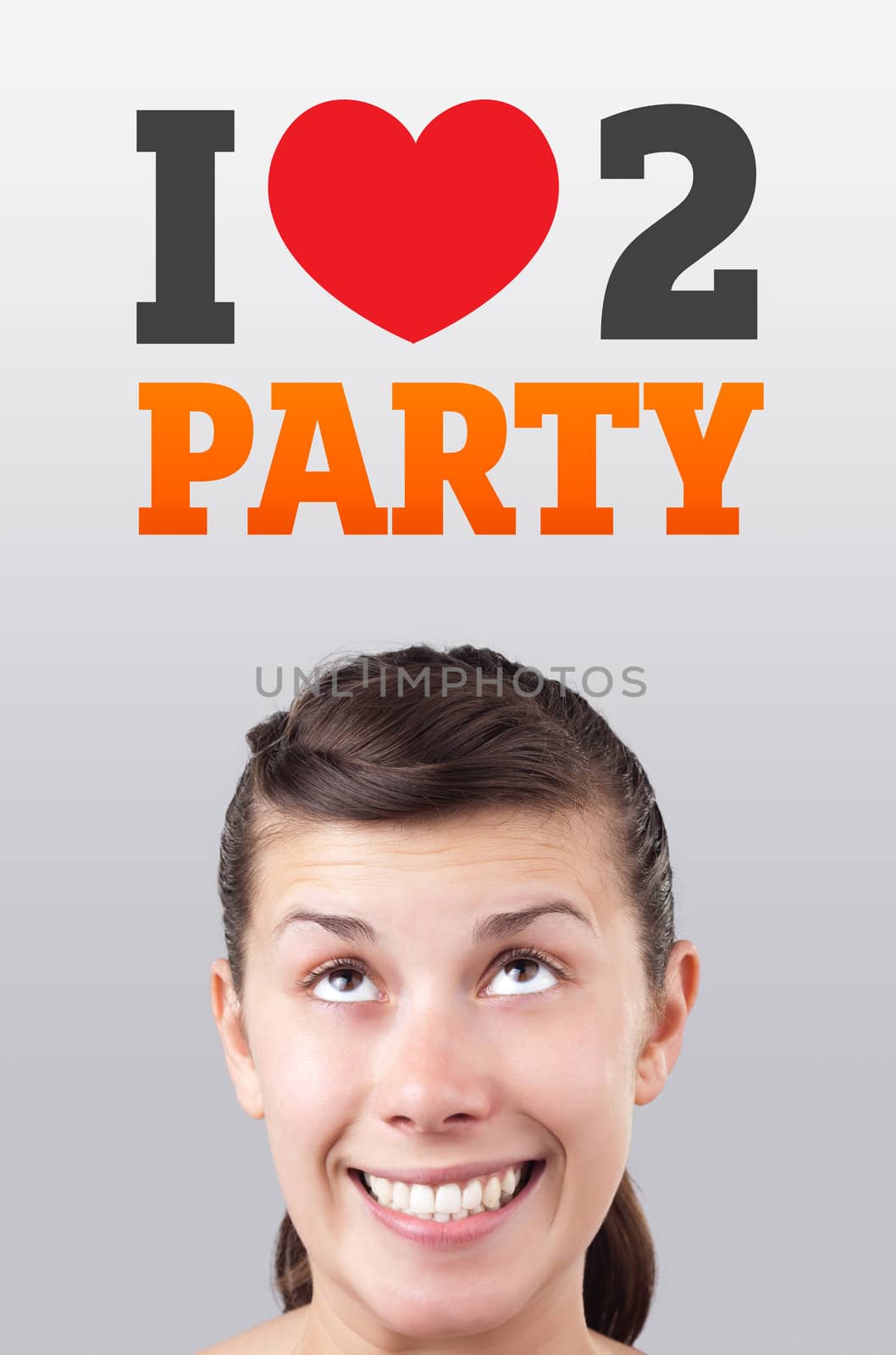 Young girl head looking with gesture at party icons and sign