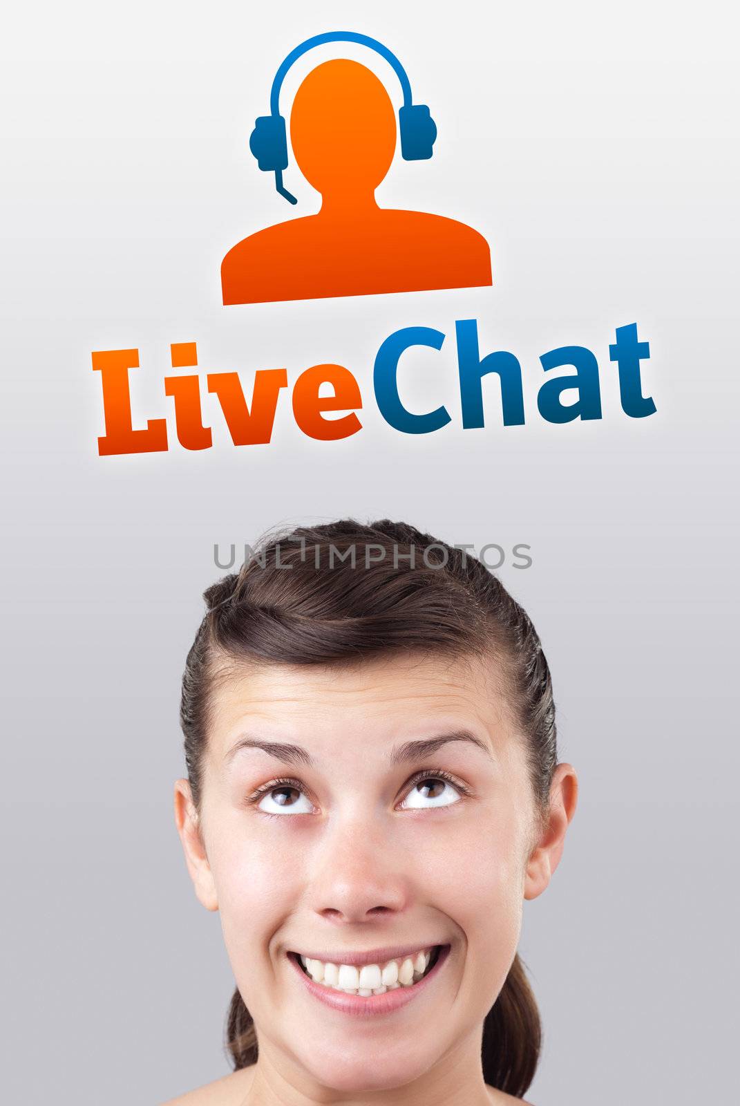 Young girl head looking with gesture at support contact type of icons and signs