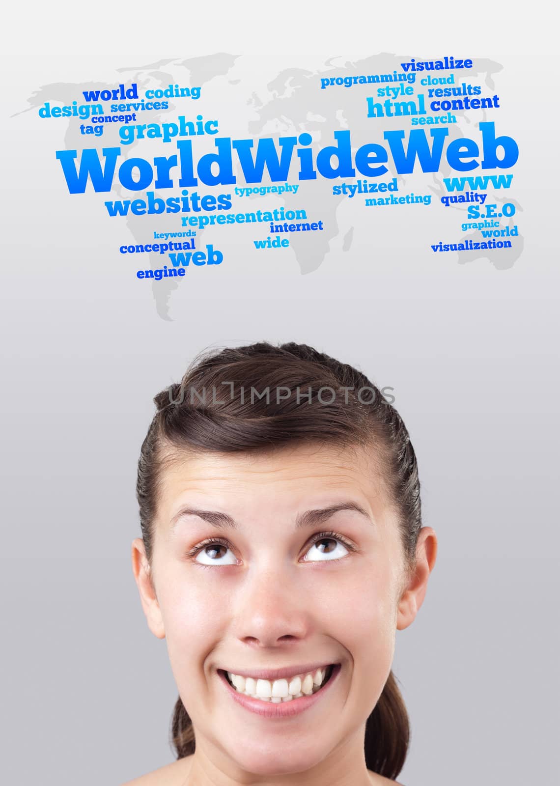 Young gril head looking with gesture at internet type of icons