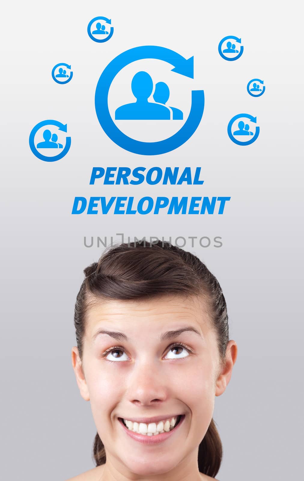 Young girl head looking with gesture at labor type of icons