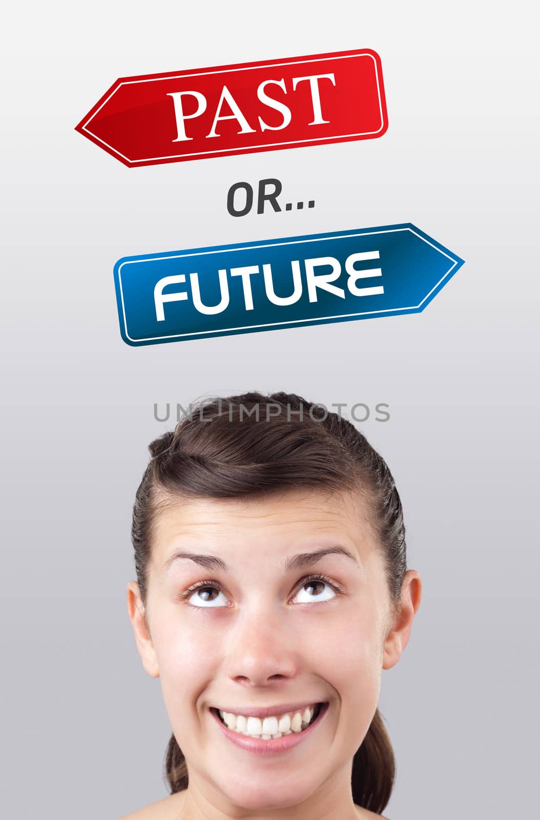 Young girl head looking with gesture at positive negative signs