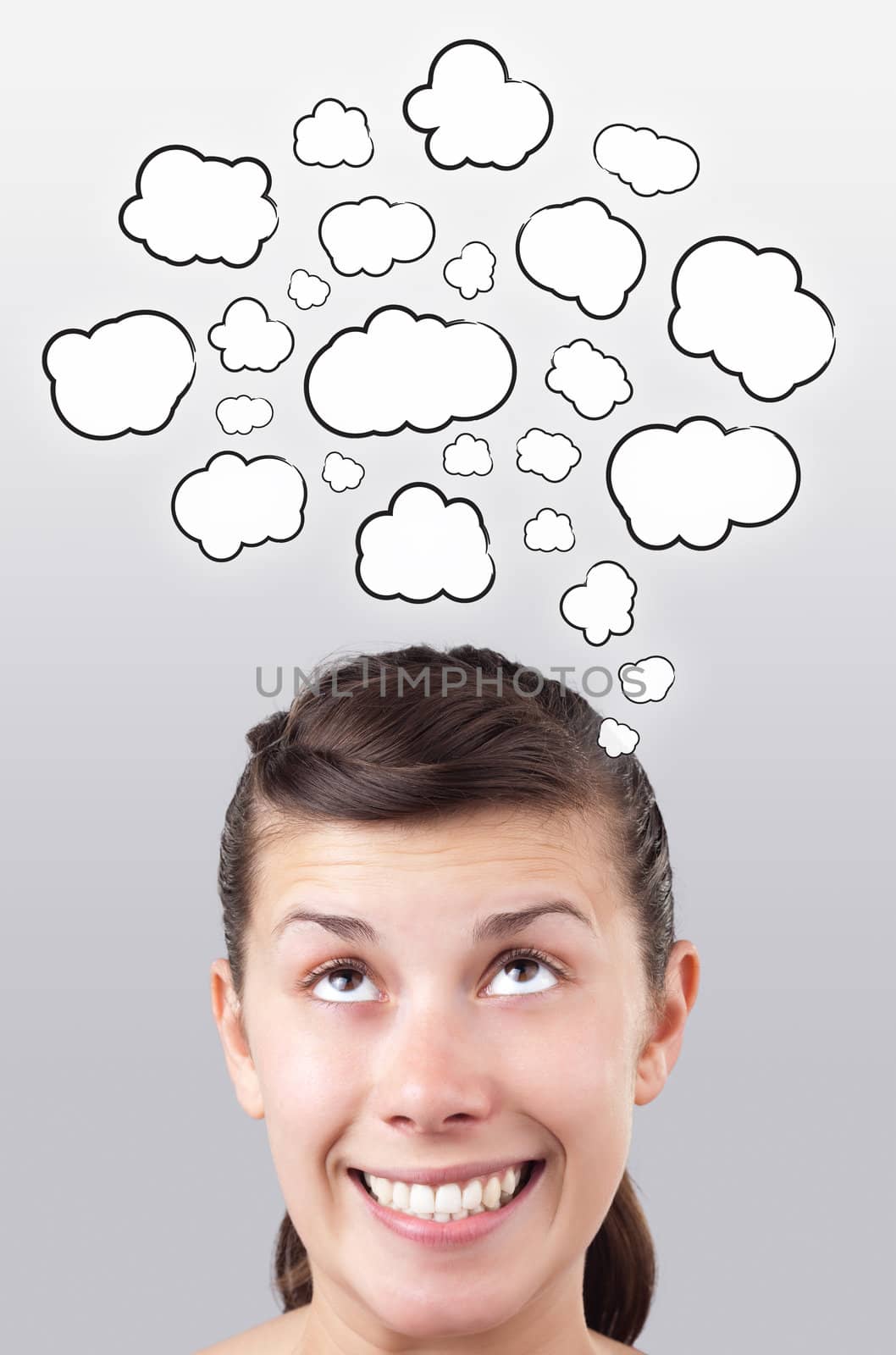 Young girl head thinking about white clouds