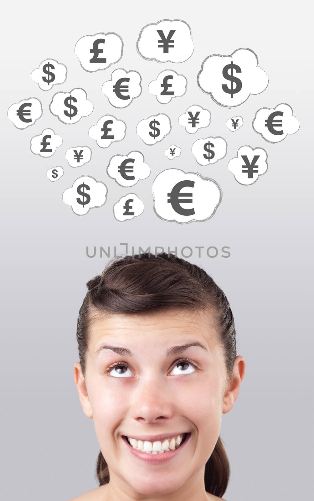Young girl head looking at business icons and images