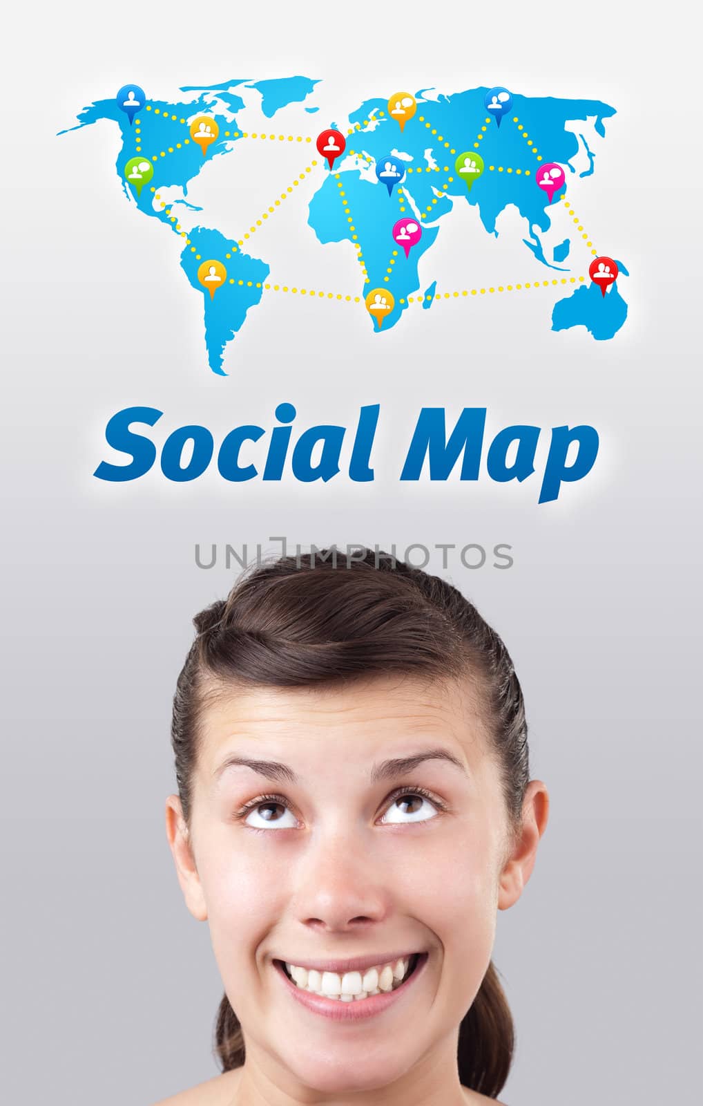 Young girl head looking with gesture at social type of icons and signs