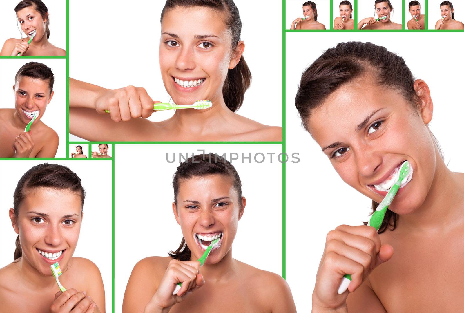 Collection of sequences of girl brushing her teeth