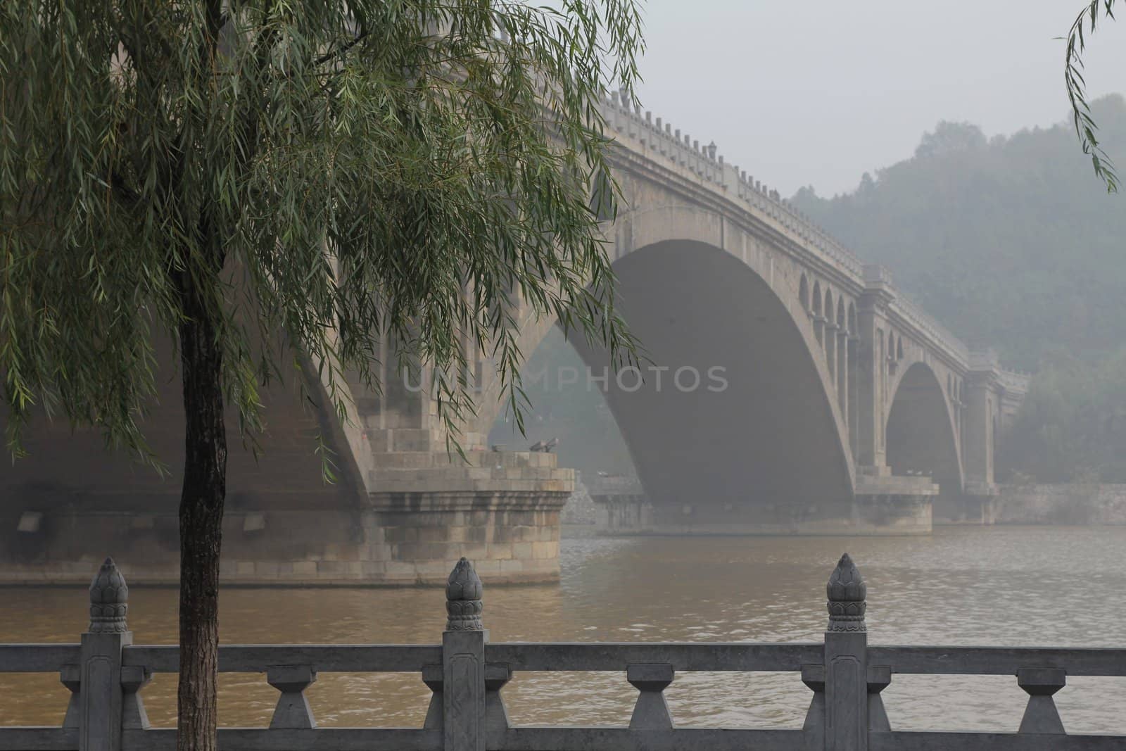 Bridge and fog on the Yi River, close to Longmen Caves, China
