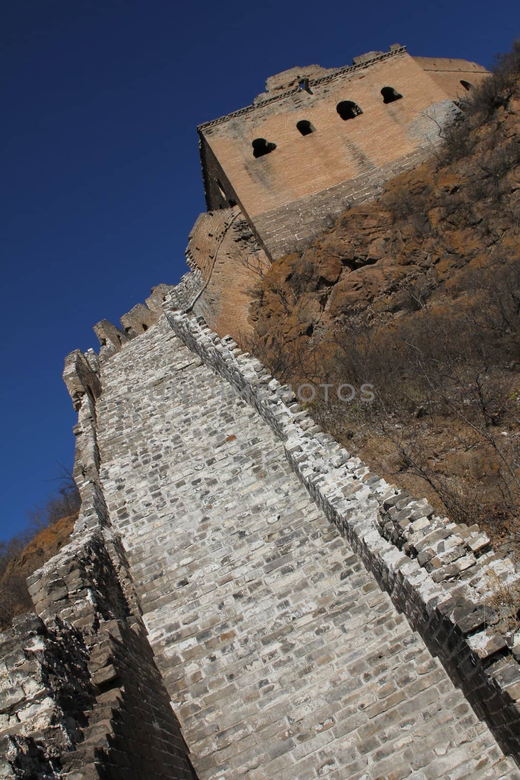 Steep escalation on the Great Wall of China, a UNESCO World Heritage Site, in autumn
