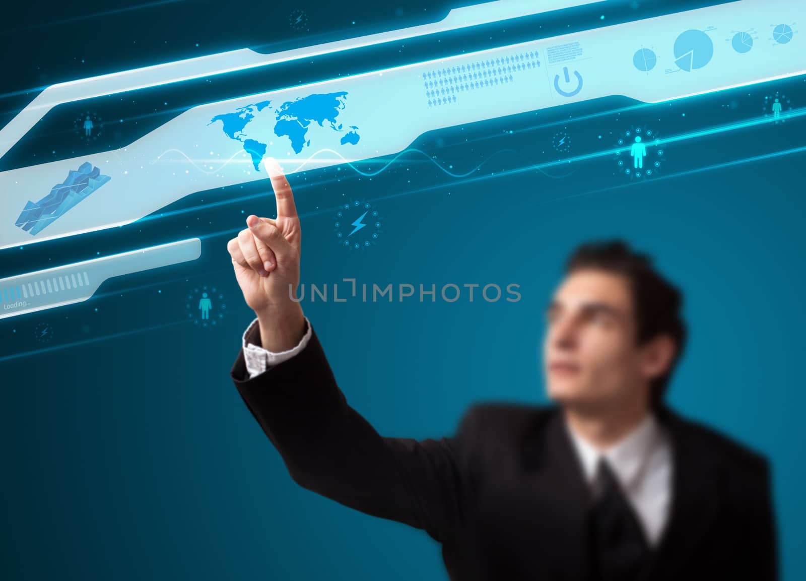 Businessman pressing high tech type of modern buttons on a virtual background