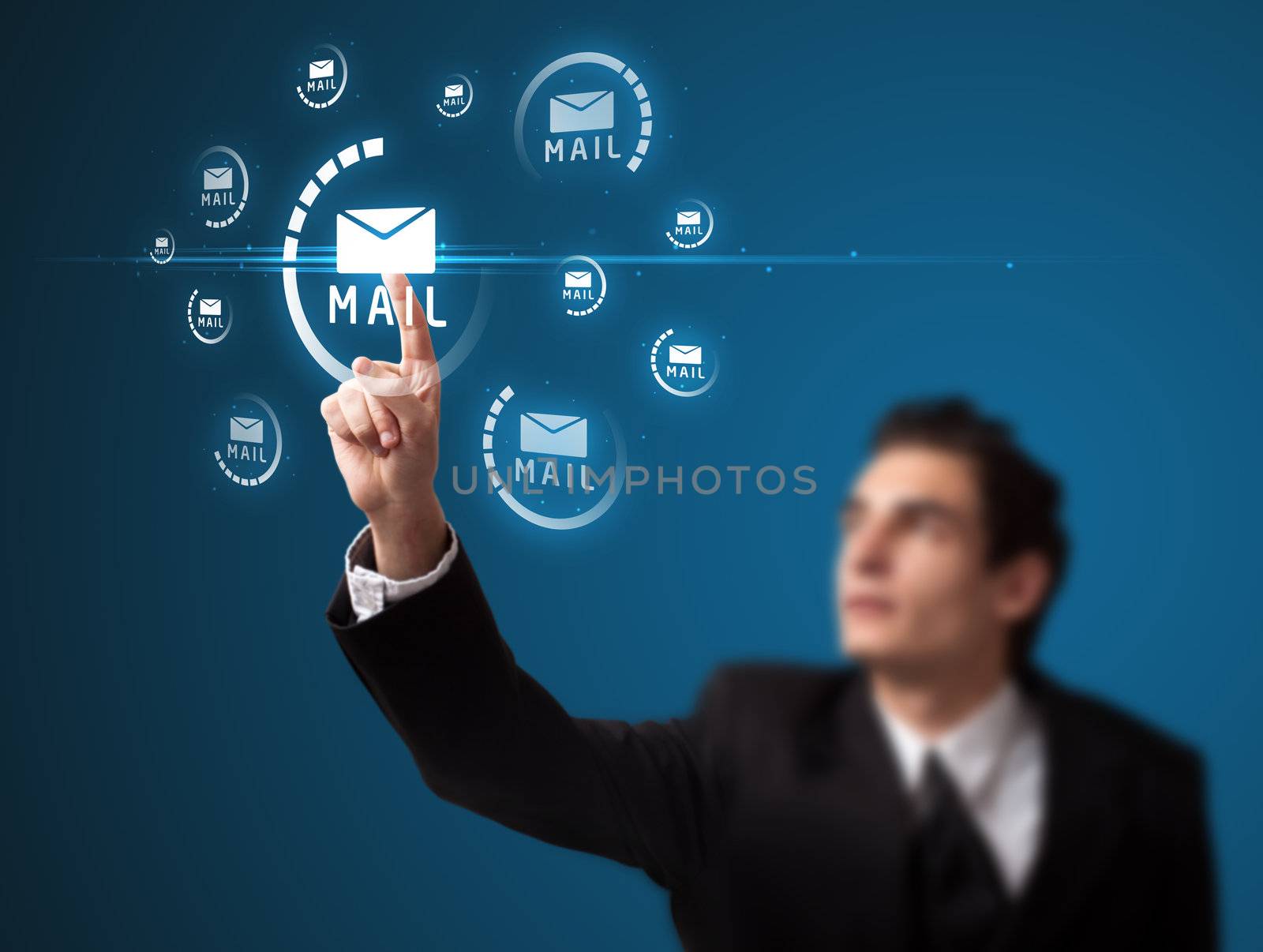 Businessman pressing messaging type of modern icons with virtual background