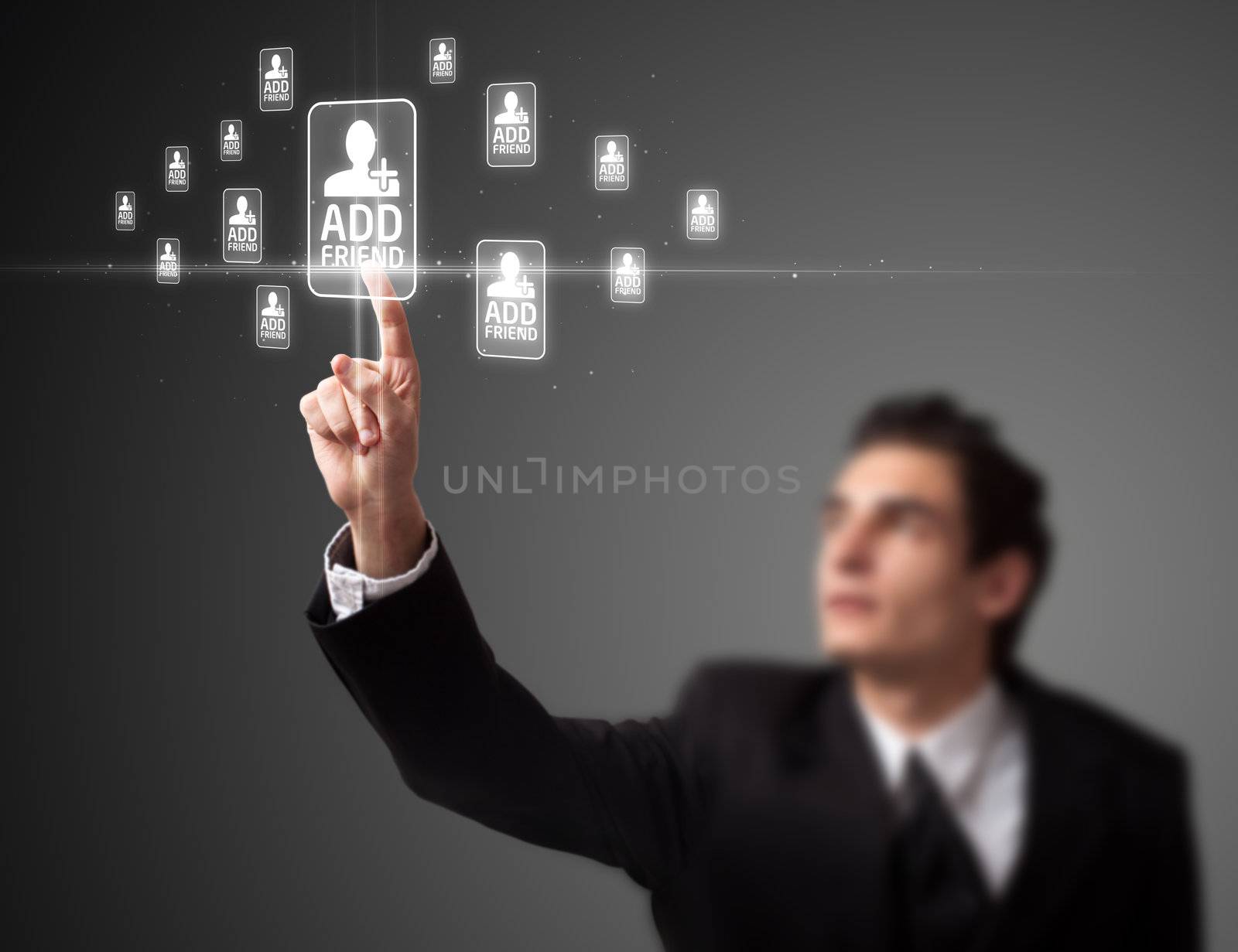 Businessman pressing modern social buttons on a virtual background