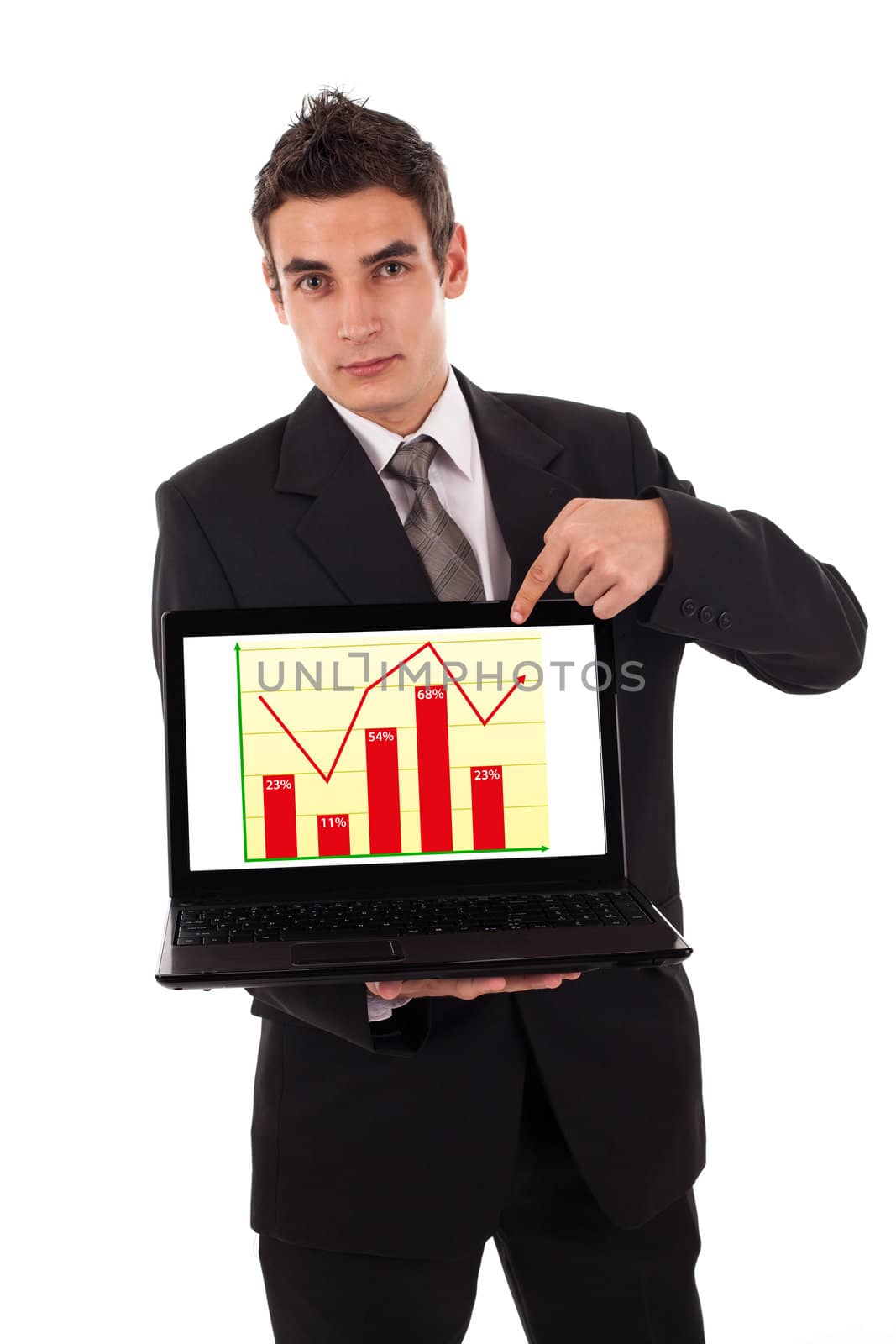 Business man pointing at a laptop computer with diagram isolated on white