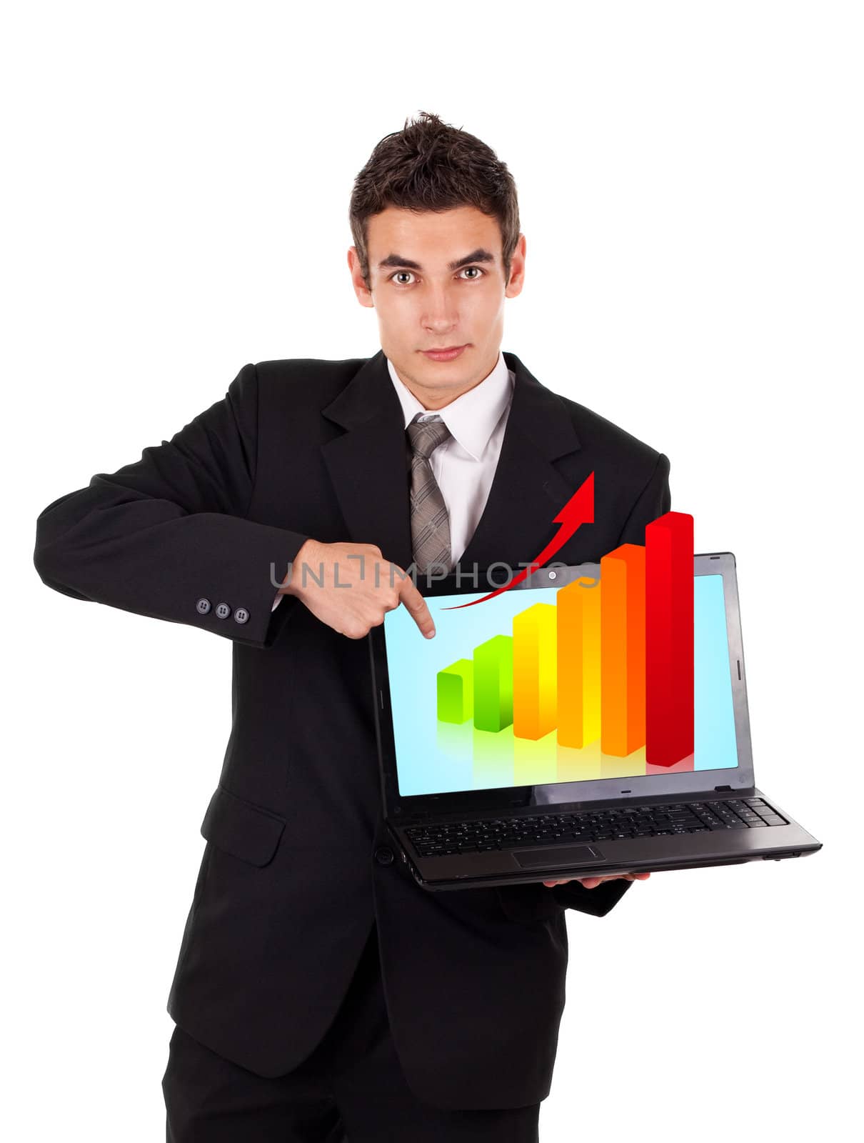 Business man pointing at a laptop with graph isolated on white 