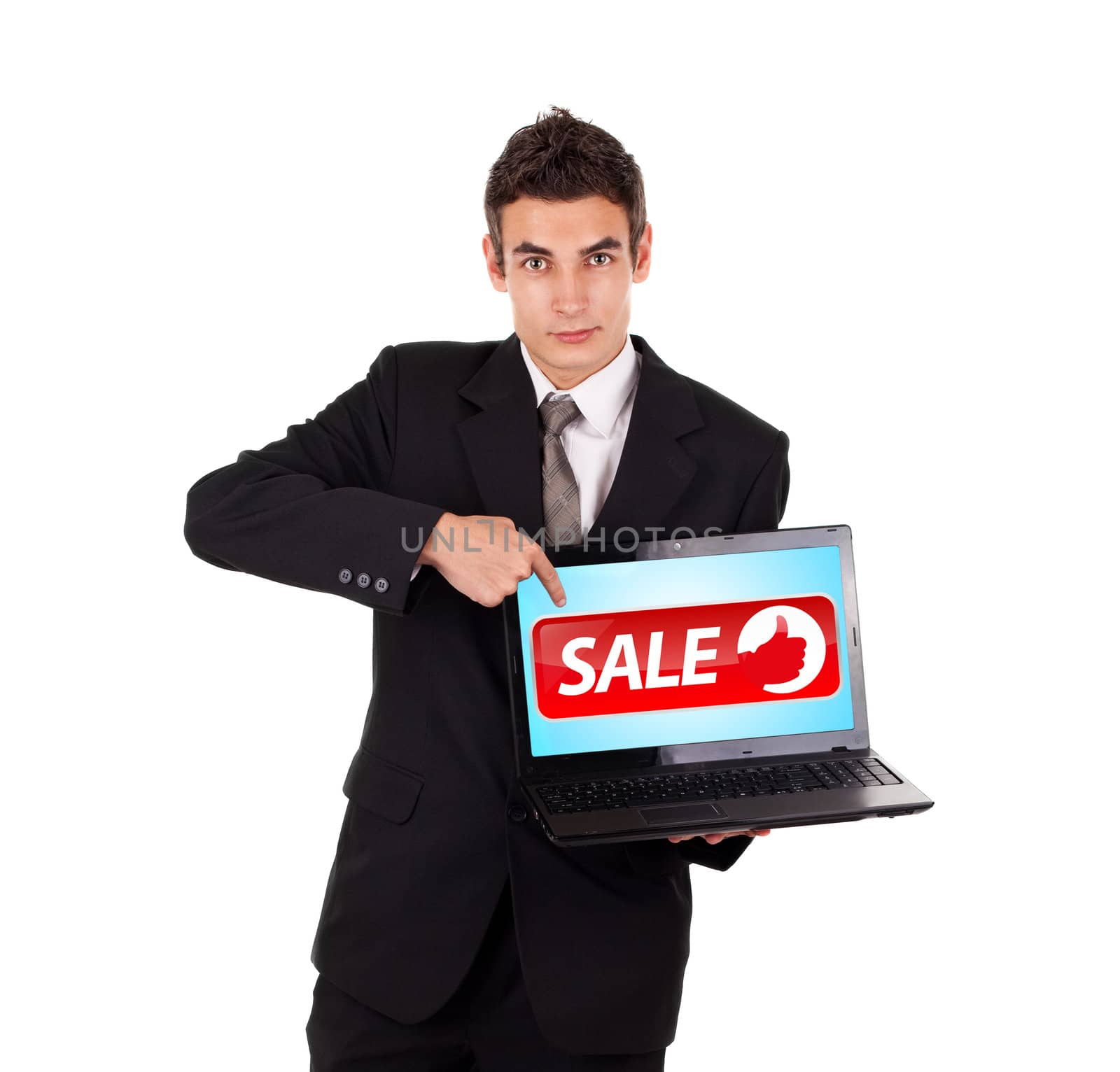 Business man pointing at a laptop with sale sign, isolated on white