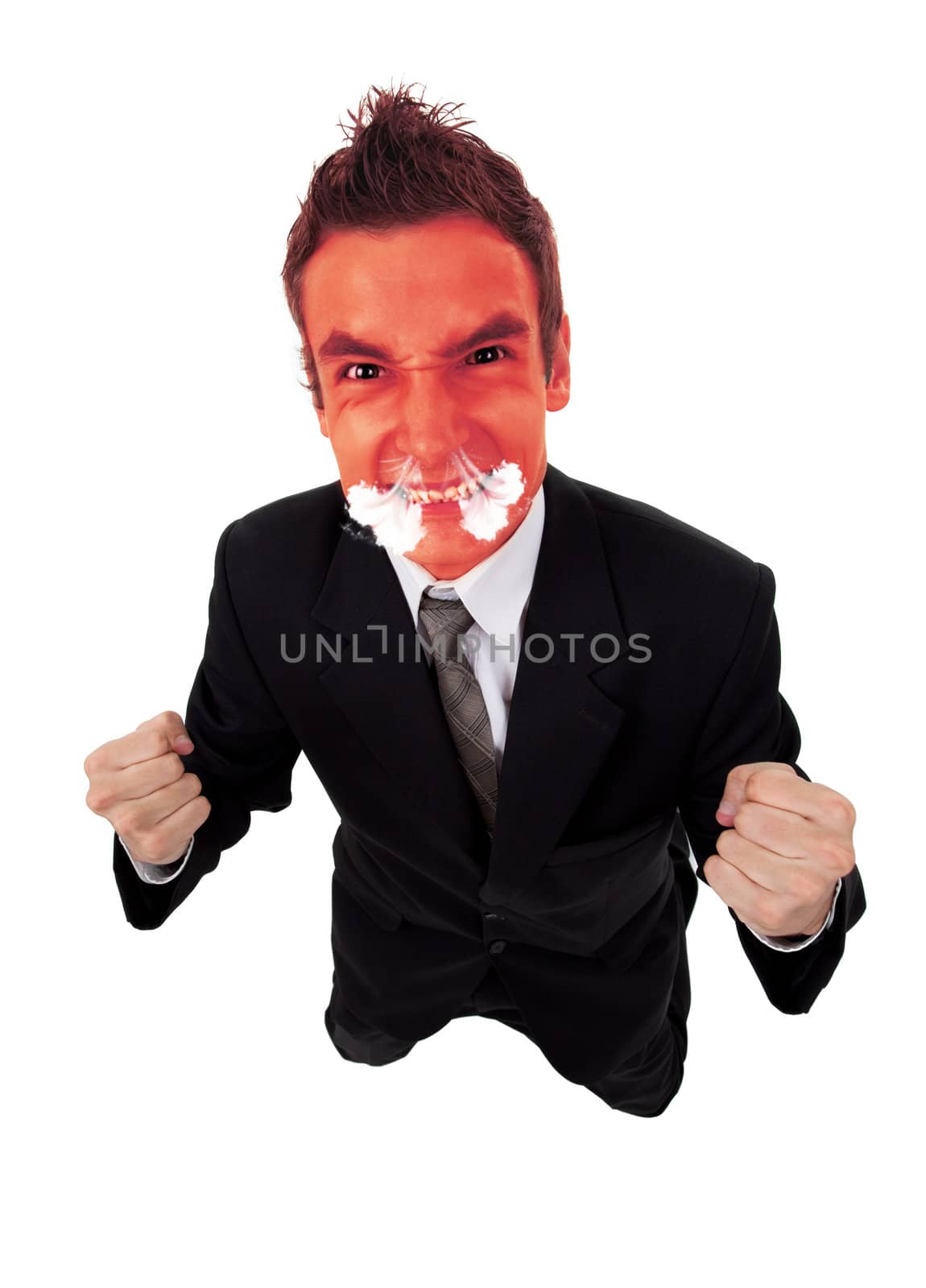 Angry business man with red exploding face, isolated
