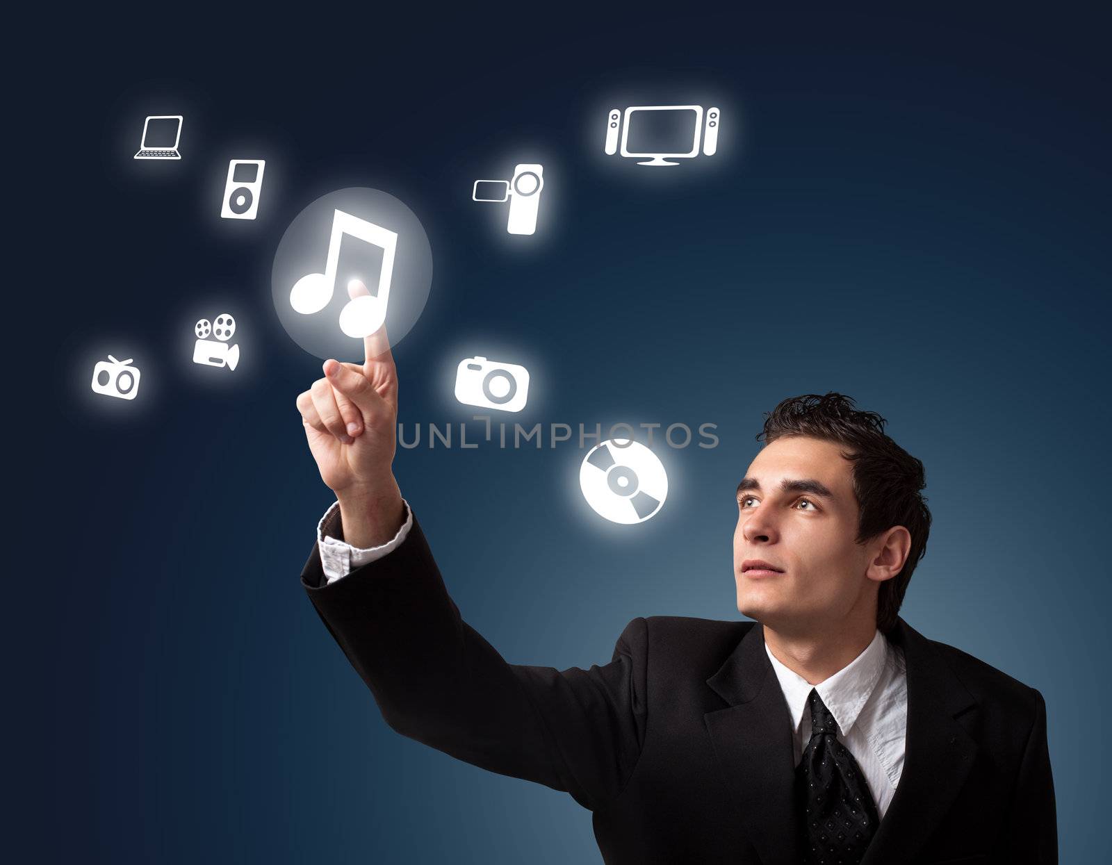 business man pressing a MUSIC button 