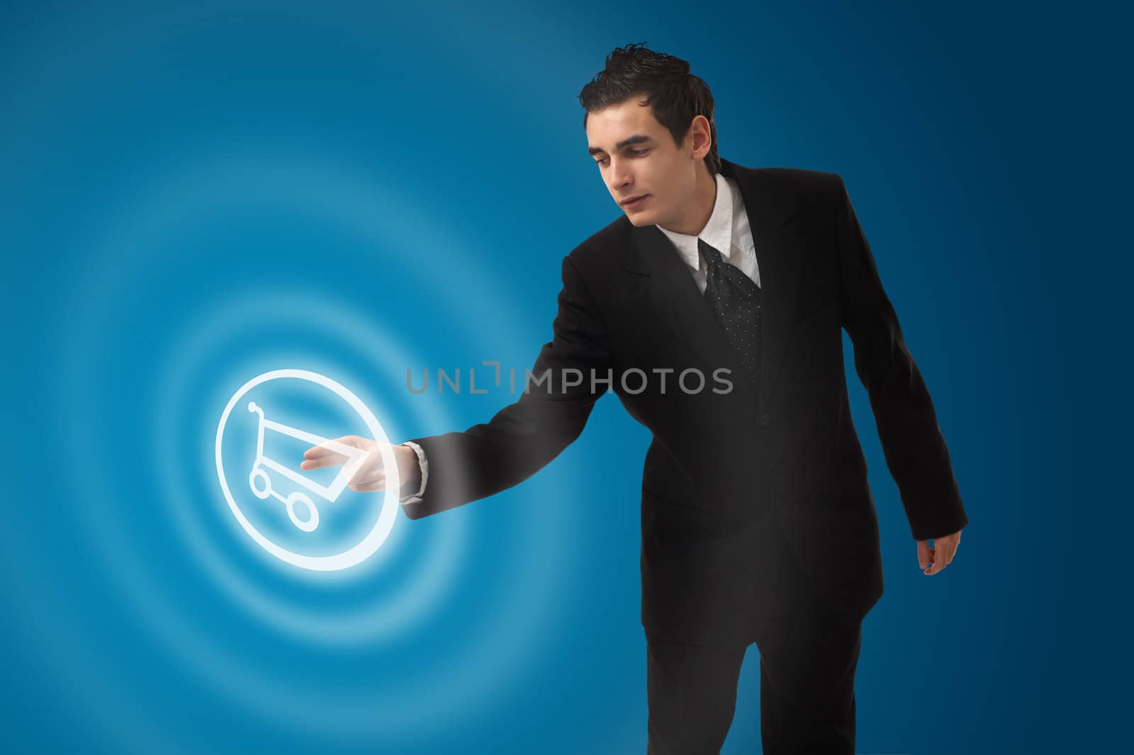 business man choosing shopping cart button