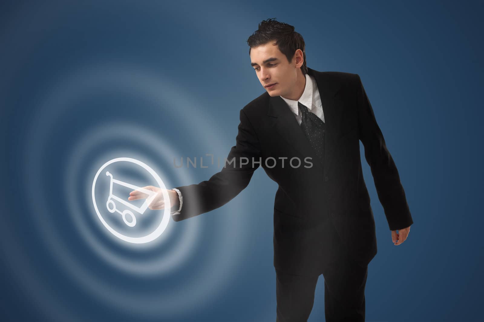 business man choosing shopping cart button