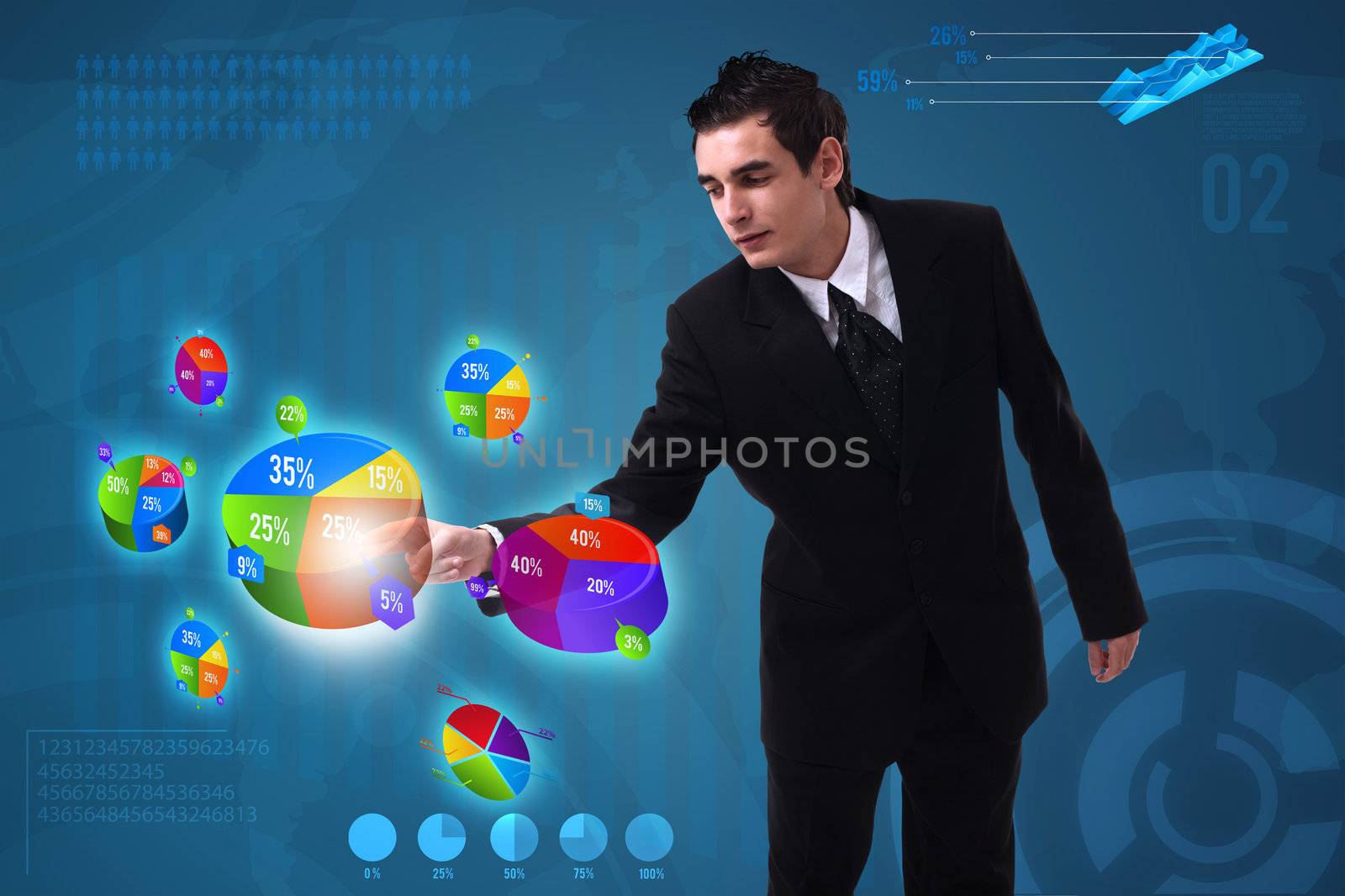 Businessman pressing pie chart button, futuristic technology