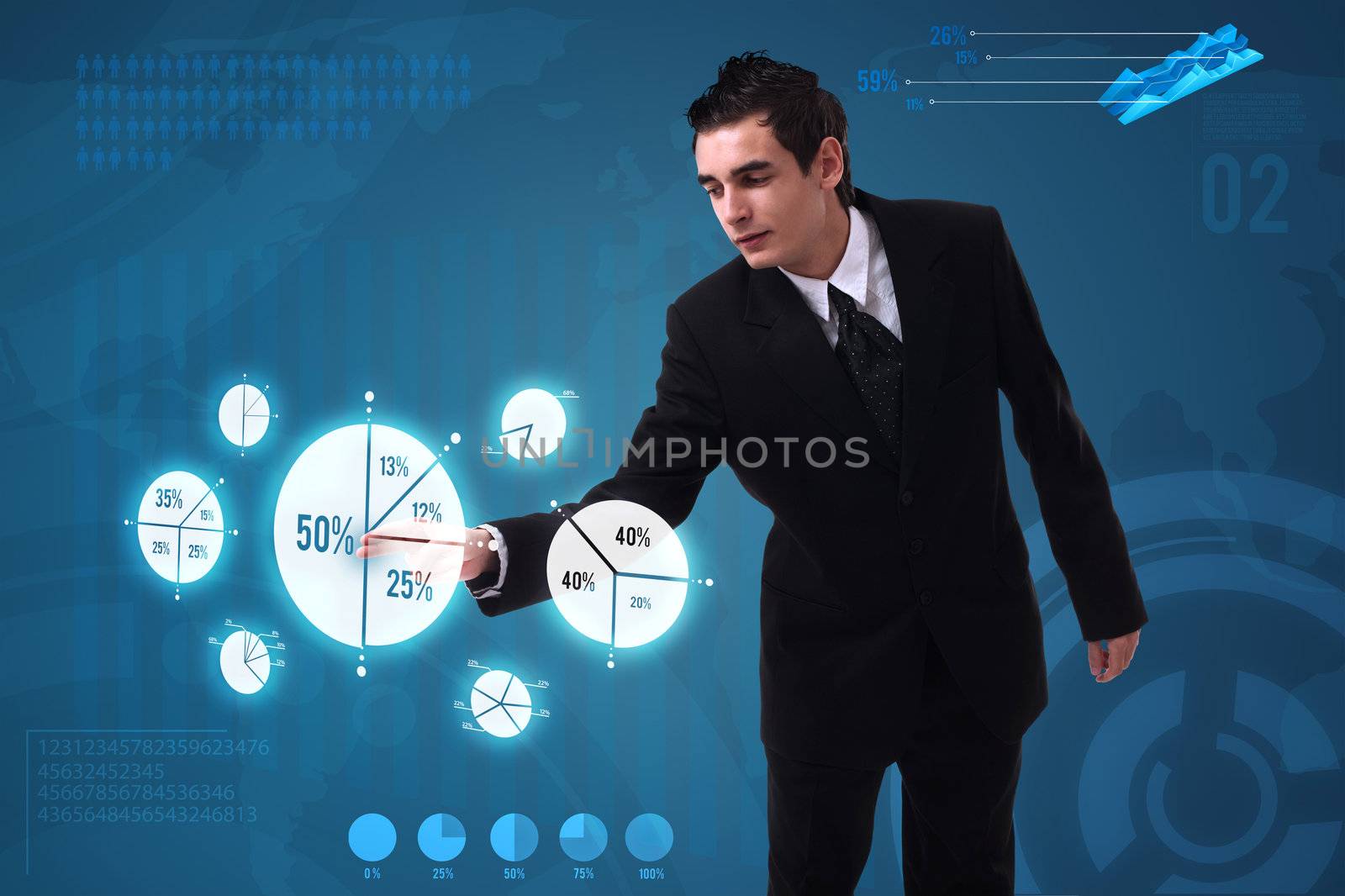 Businessman pressing pie chart button, futuristic technology