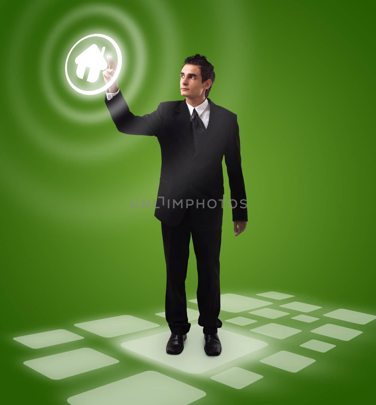 business man pressing HOME button, futuristic digital technology