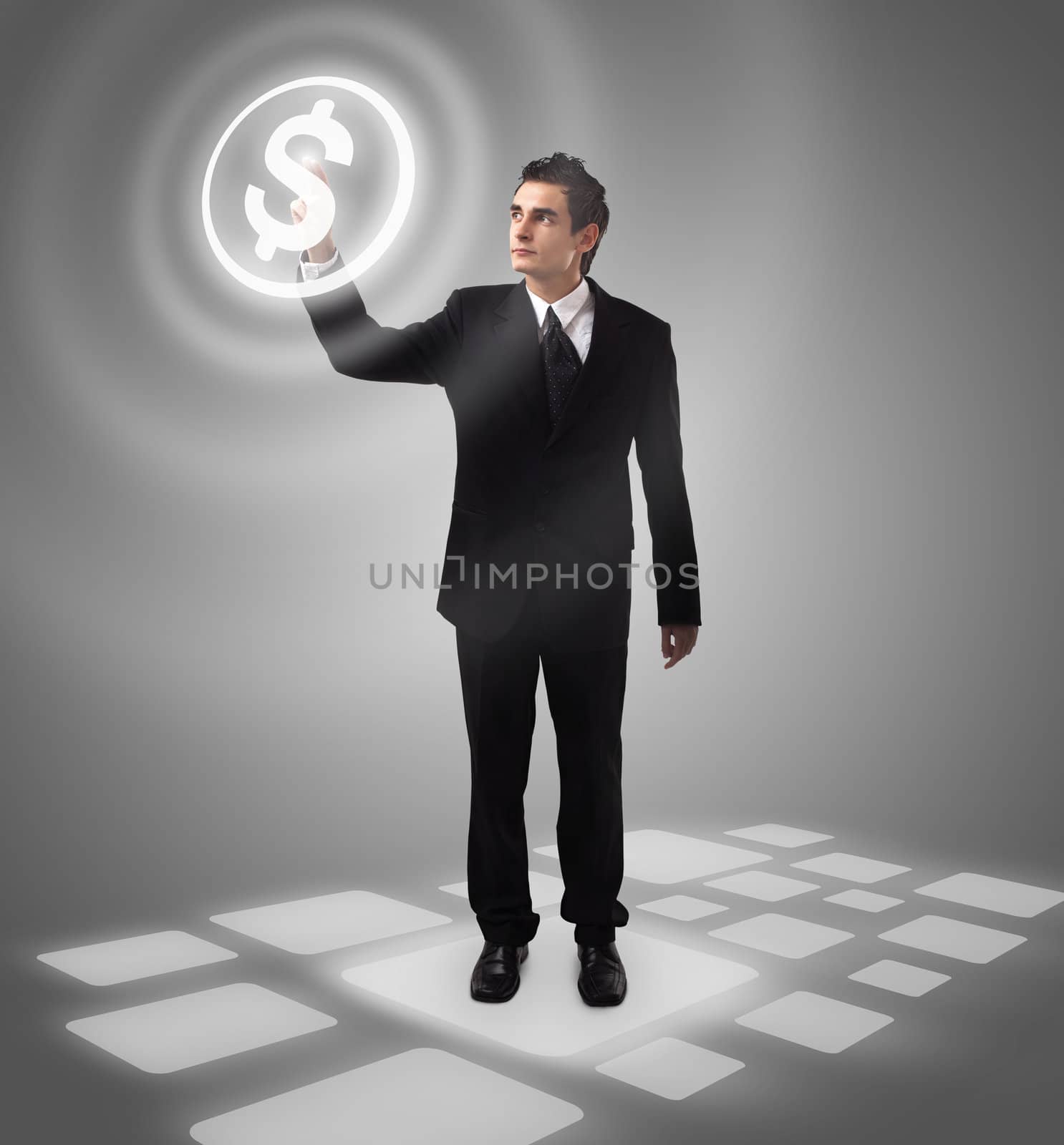 business man pressing MONEY button, futuristic digital technology