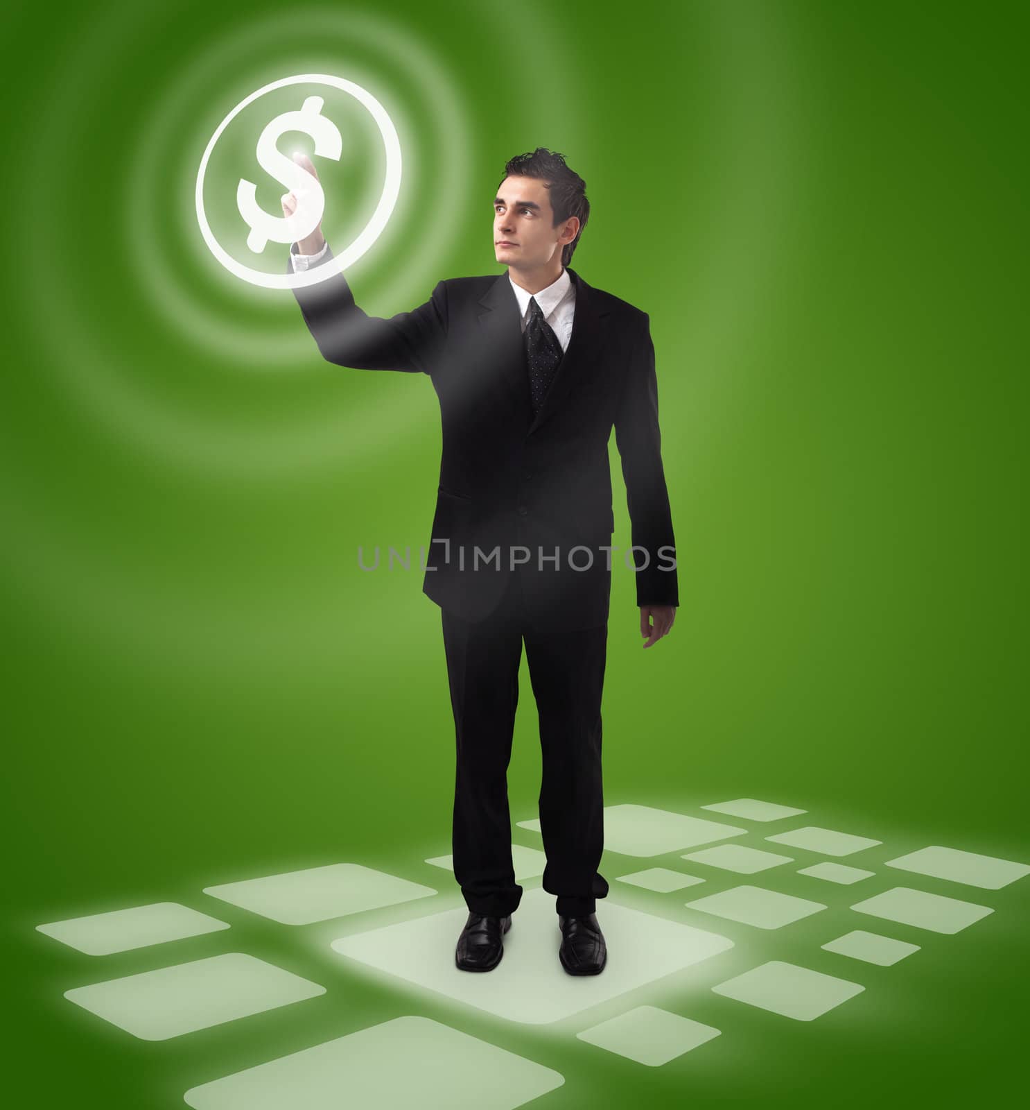 business man pressing MONEY button, futuristic digital technology