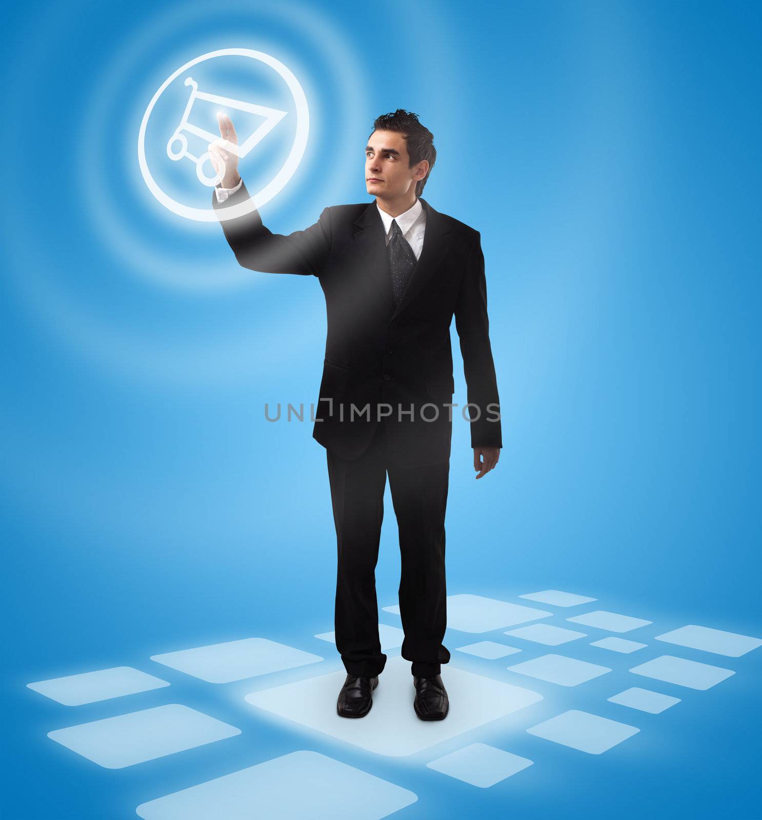 Business man pressing  shopping cart button, futuristic digital technology
