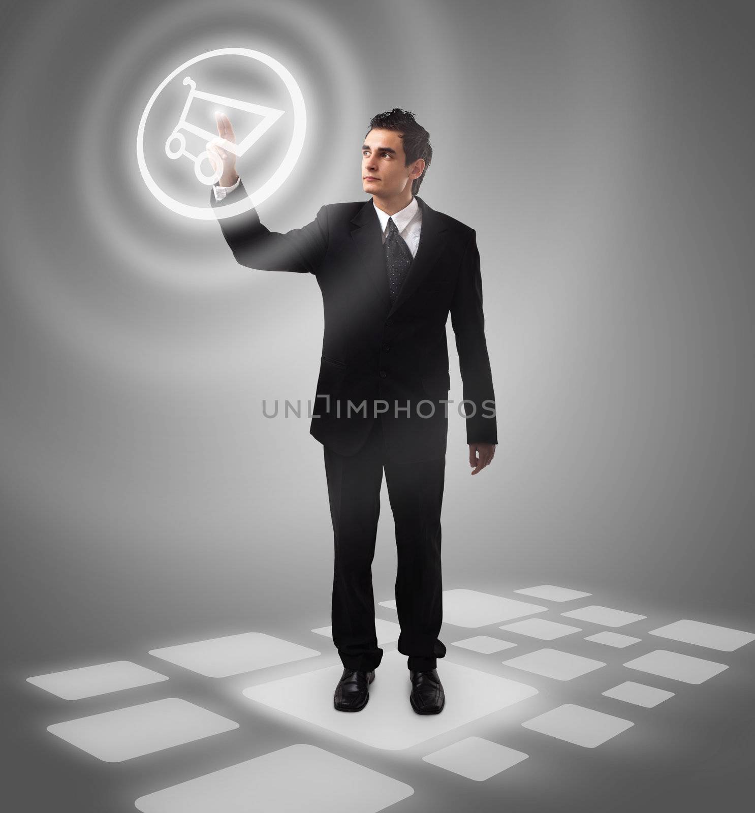 Business man pressing  shopping cart button, futuristic digital technology