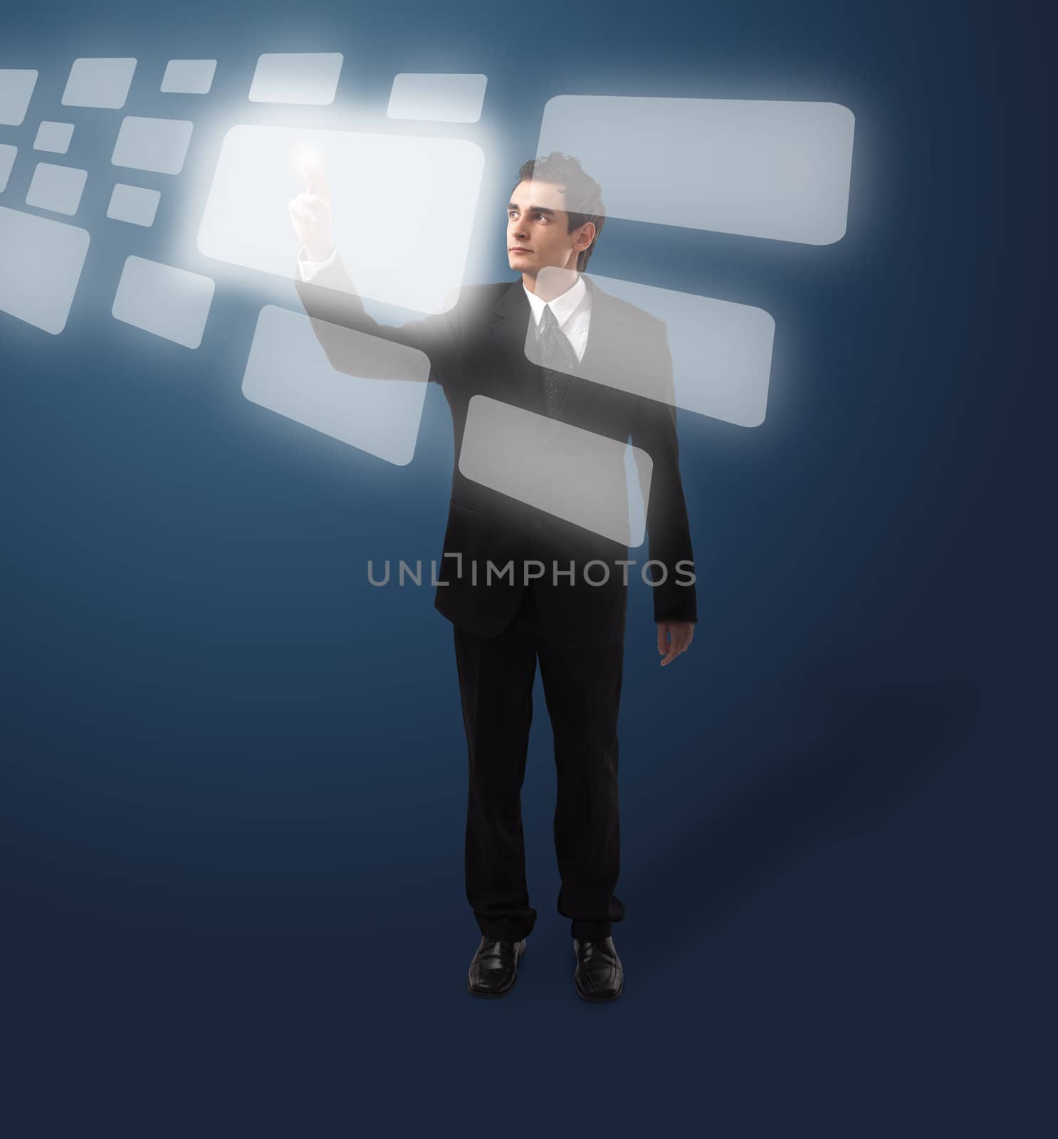 Business man pressing a touchscreen button, futuristic digital technology