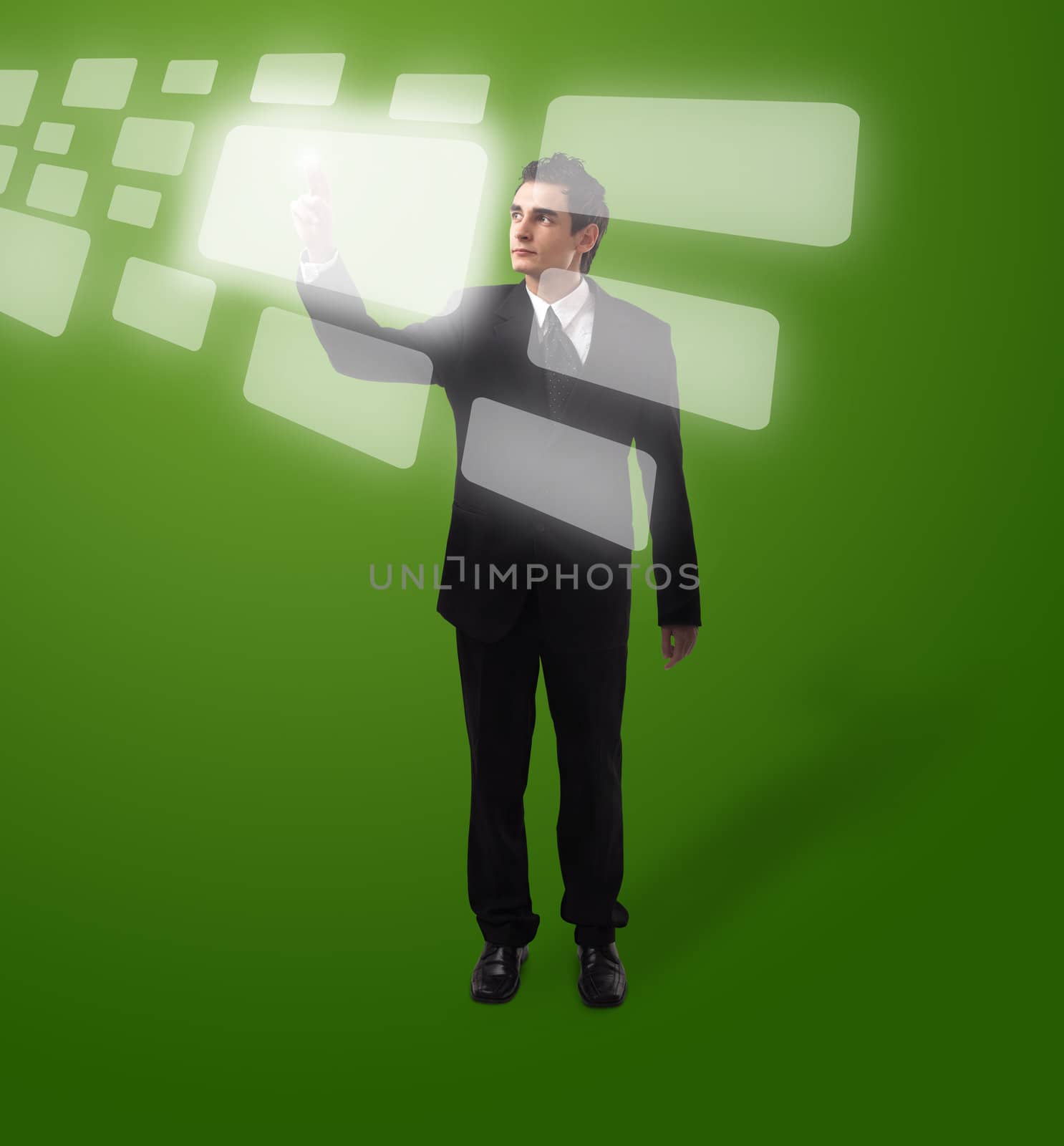 Business man pressing a touchscreen button, futuristic digital technology