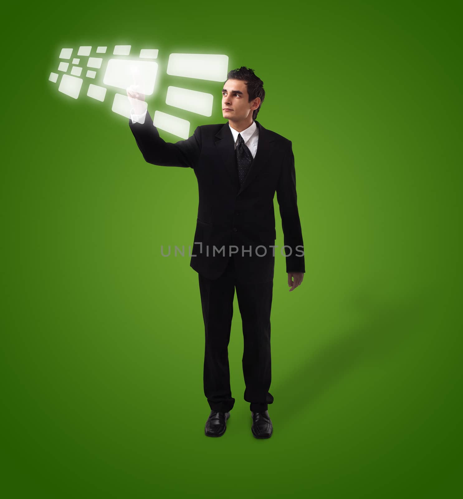 Business man pressing a touchscreen button, futuristic digital technology