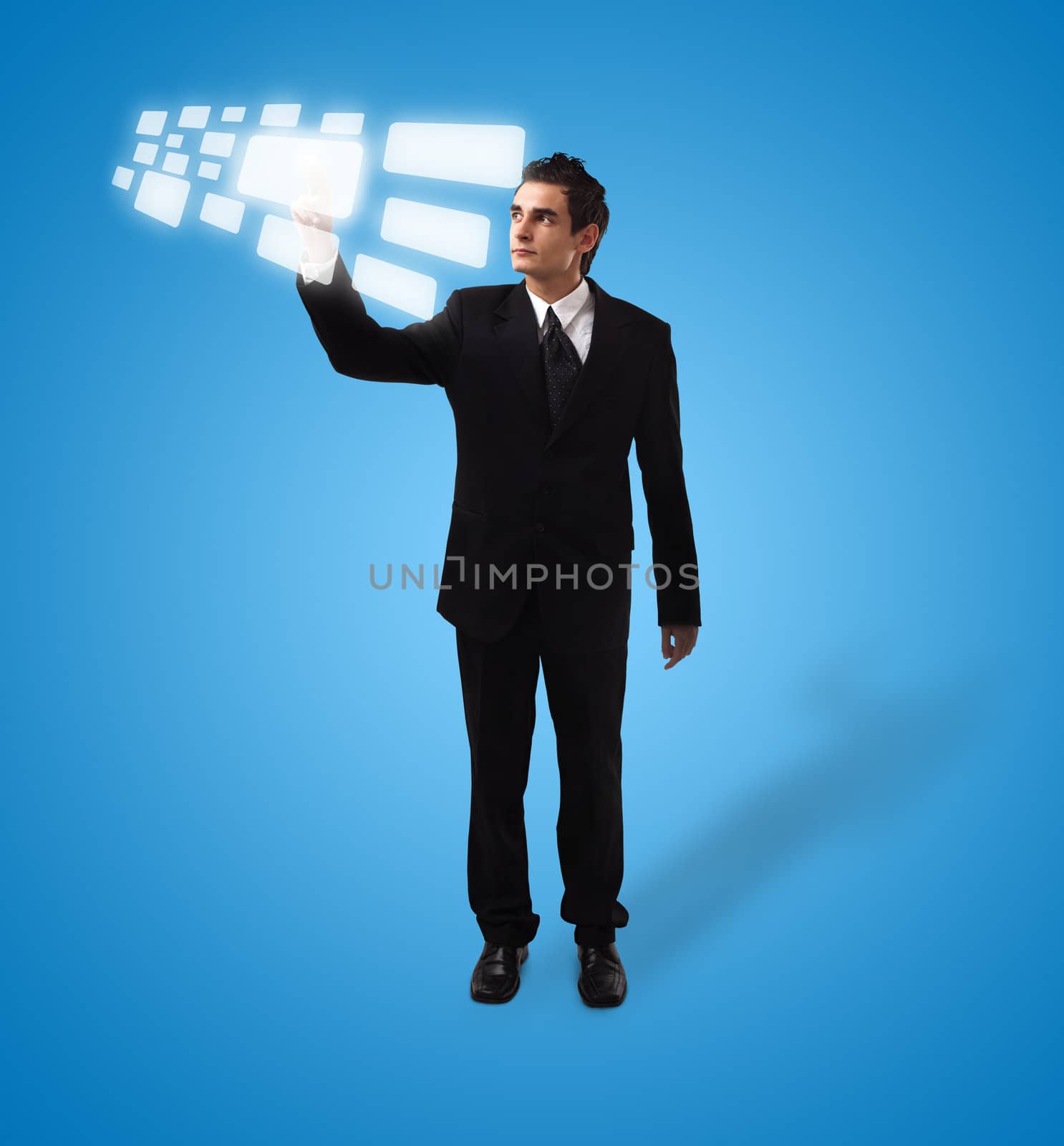 Business man pressing a touchscreen button, futuristic digital technology