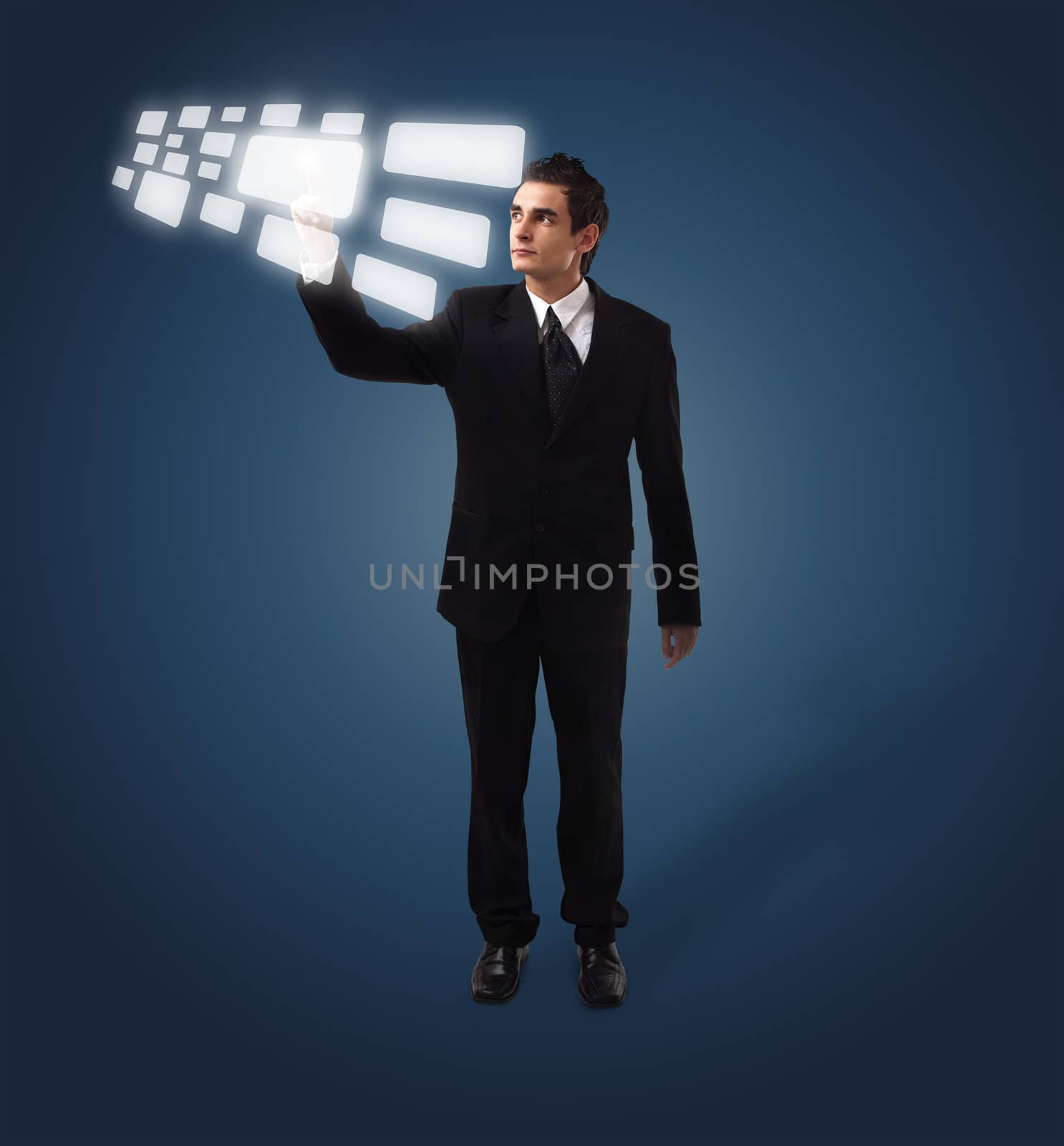 Business man pressing a touchscreen button, futuristic digital technology