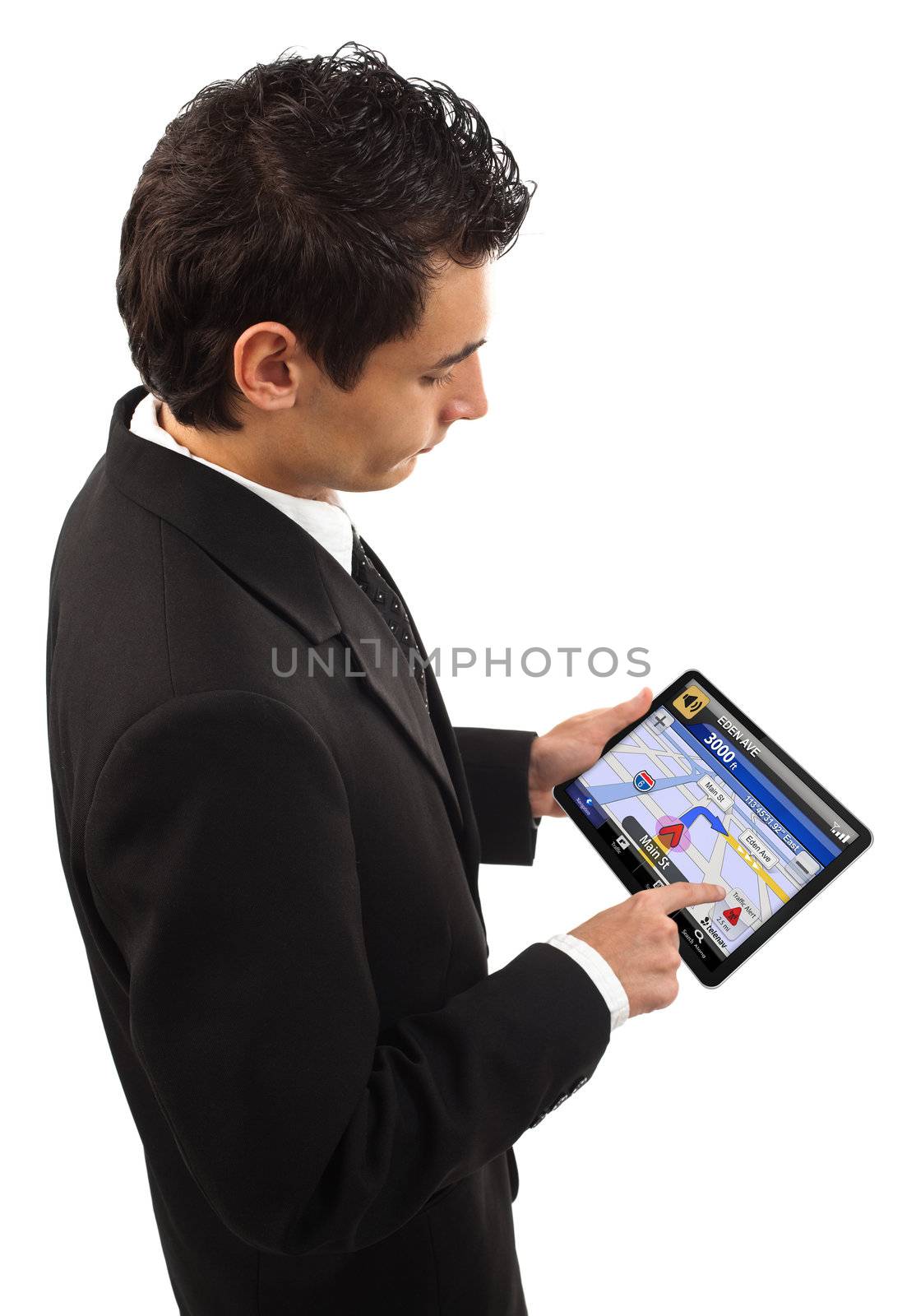 Businessman showing the direction on gps, isolated on white 