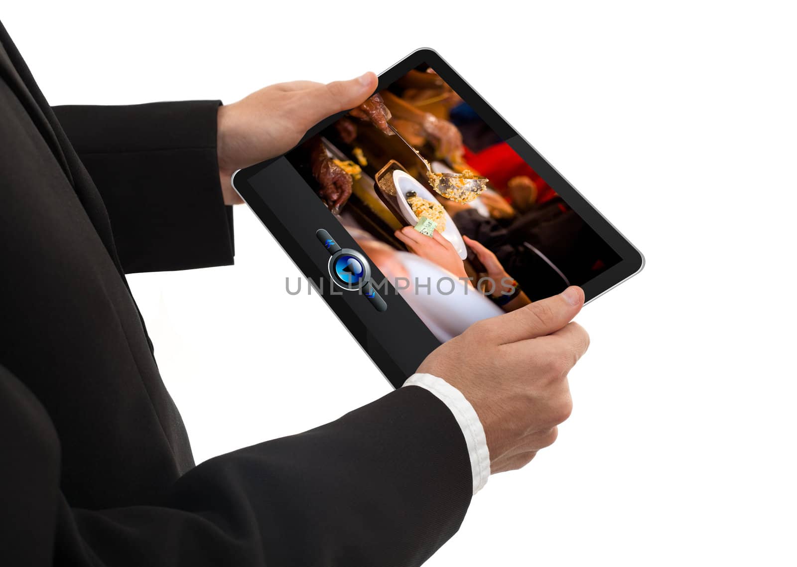 male hand holding a touchpad pc showing a movie by ra2studio