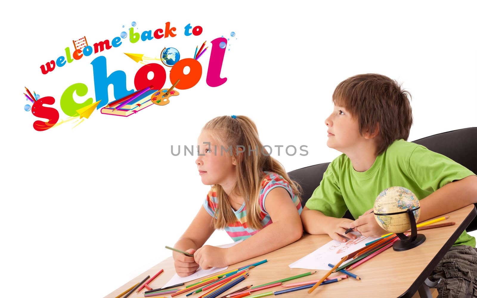 Kids in bench with back to school theme isolated on white