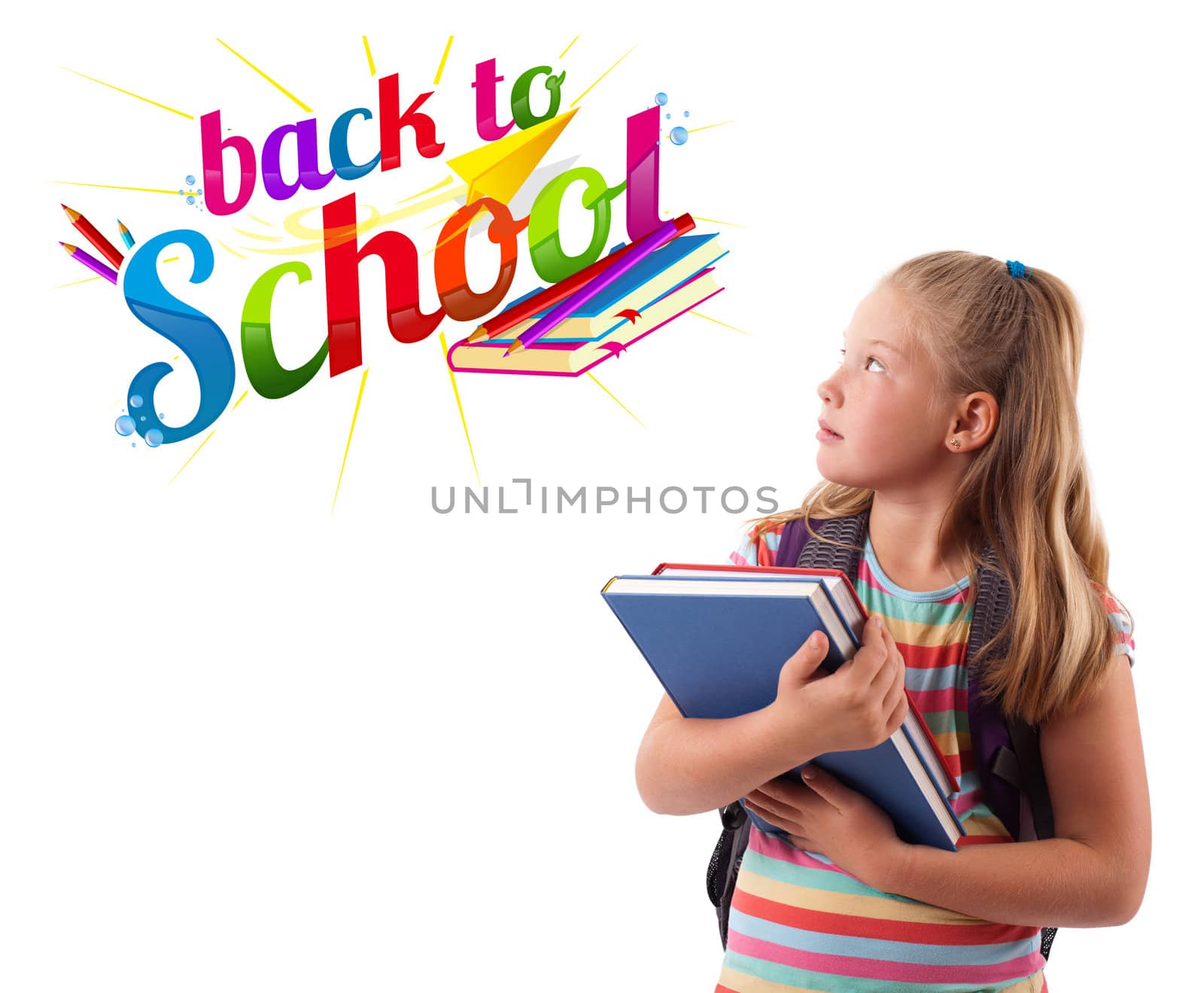Kid with books with back to school theme isolated on white