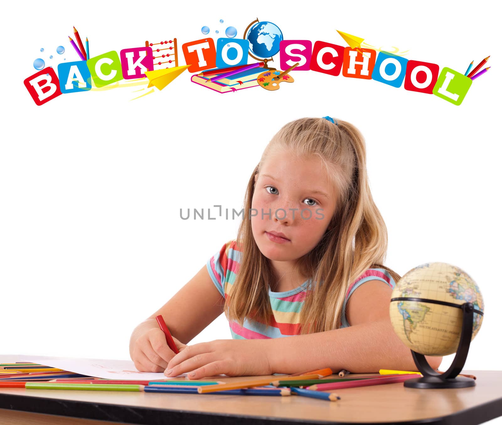 Girl with back to school theme isolated on white by ra2studio