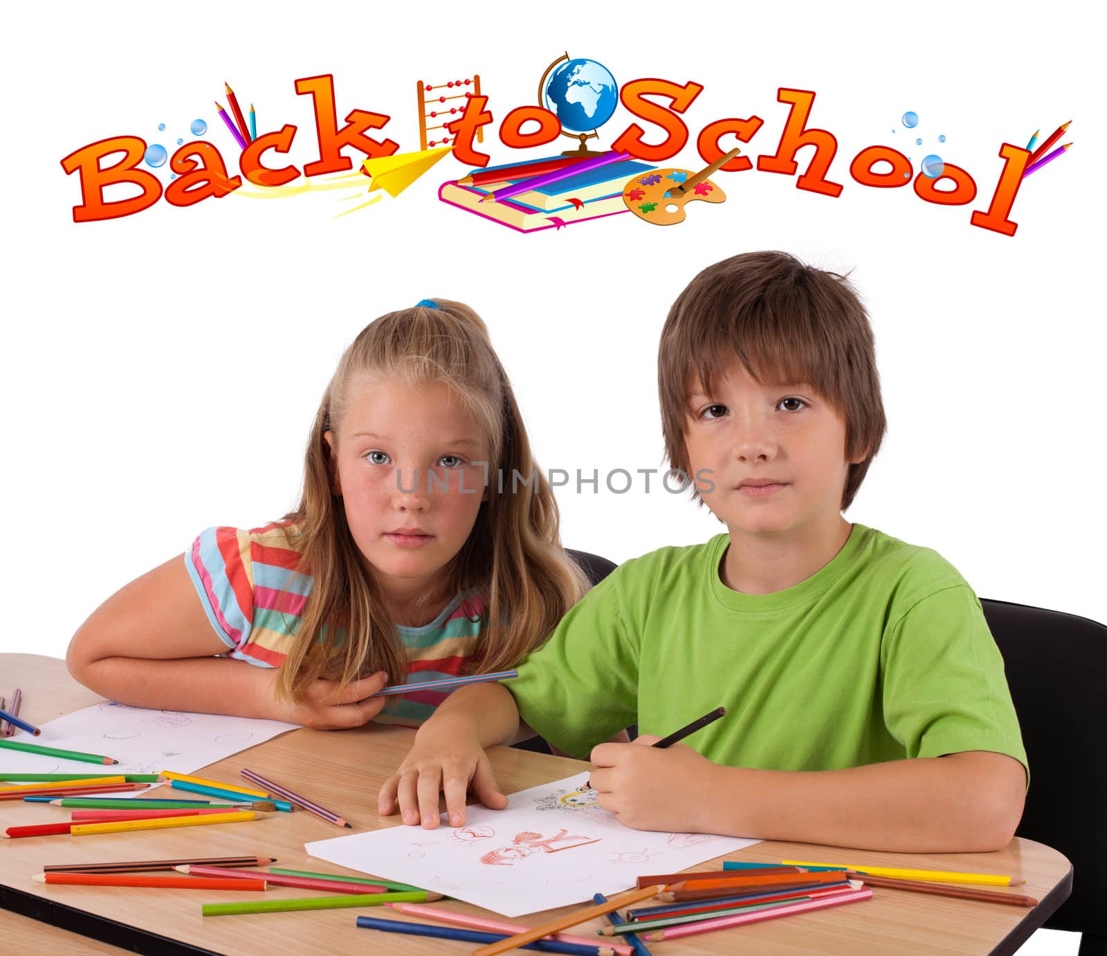 Kids in bench with back to school theme isolated on white