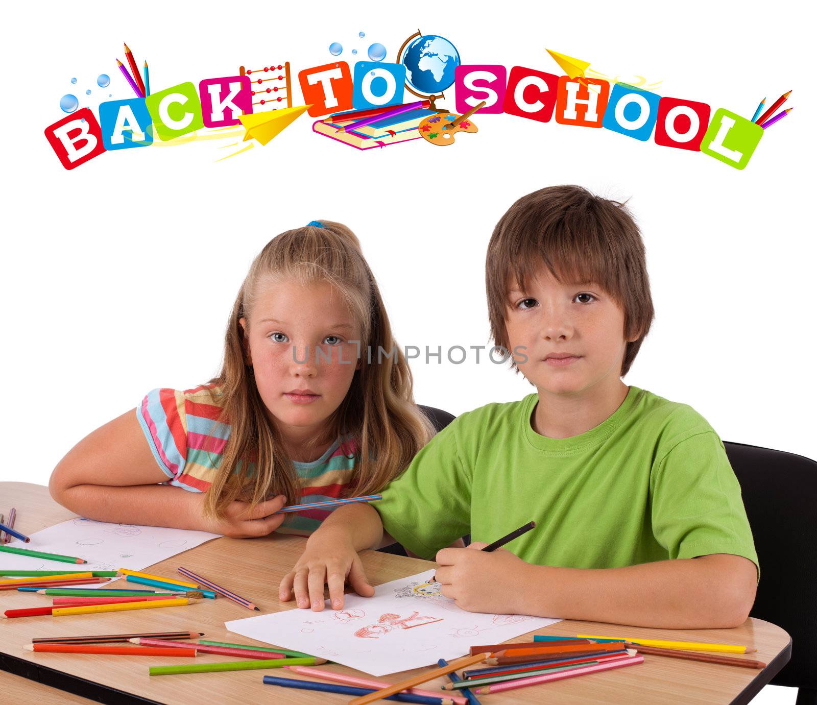 Kids in bench with back to school theme isolated on white