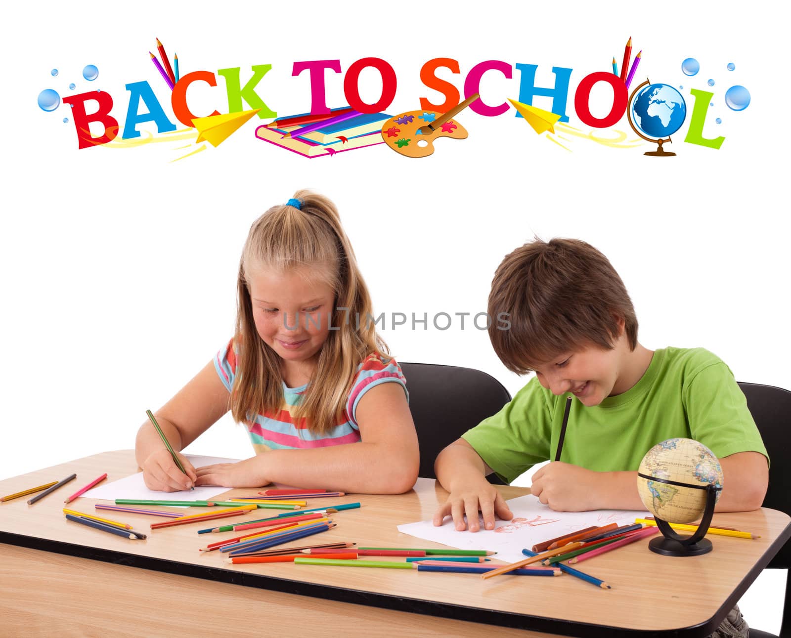 Kids in bench with back to school theme isolated on white