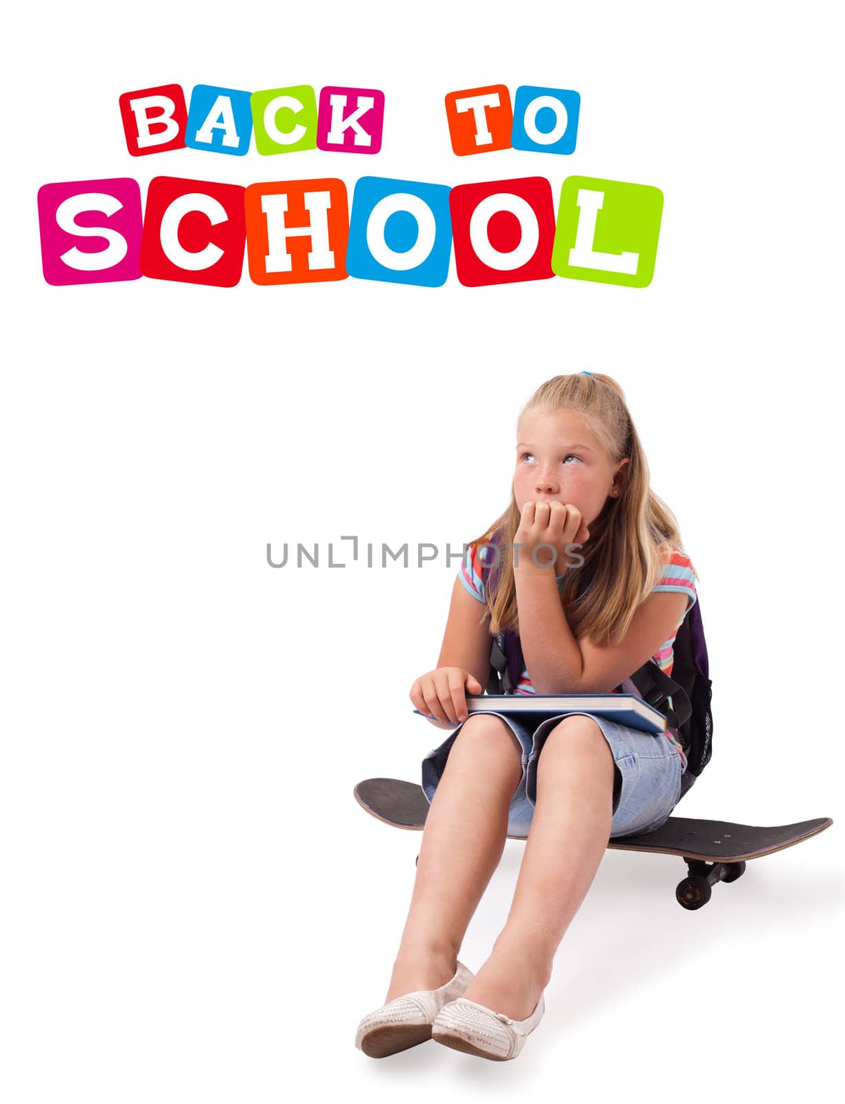 Kid on skateboard with back to school theme isolated on white