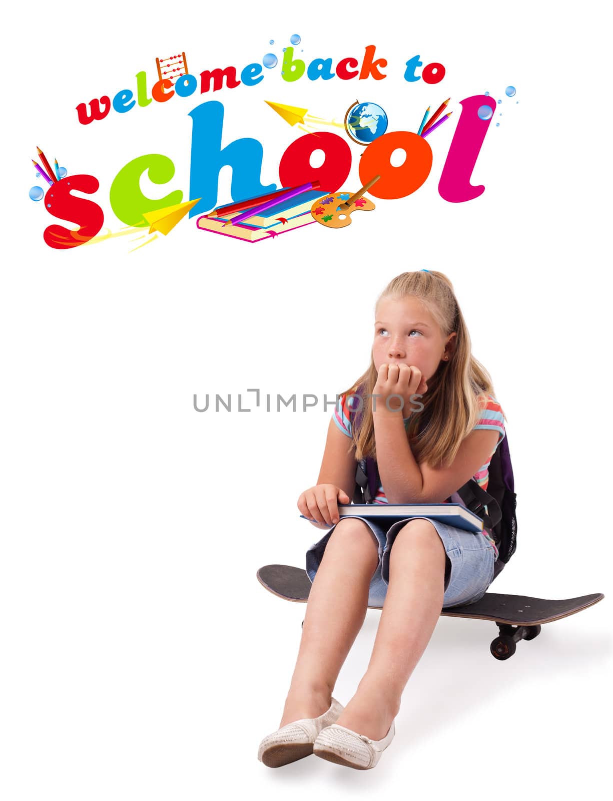 Kid on skateboard with back to school theme isolated on white