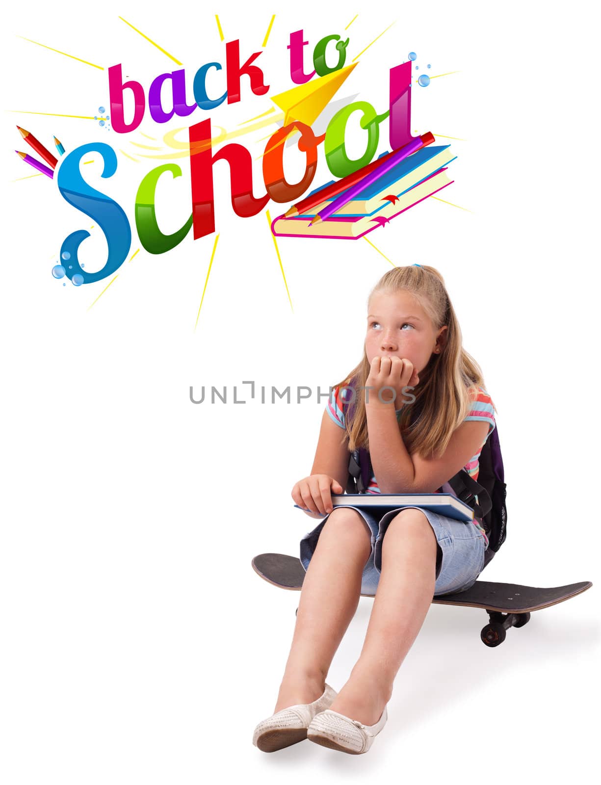 Girl on skateboard with back to school theme isolated on white by ra2studio