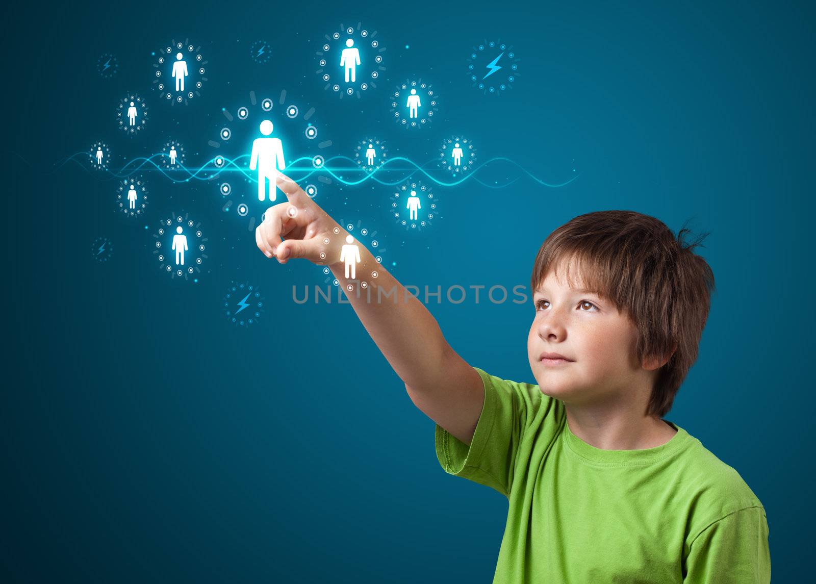 Businessman pressing modern social buttons on a virtual background