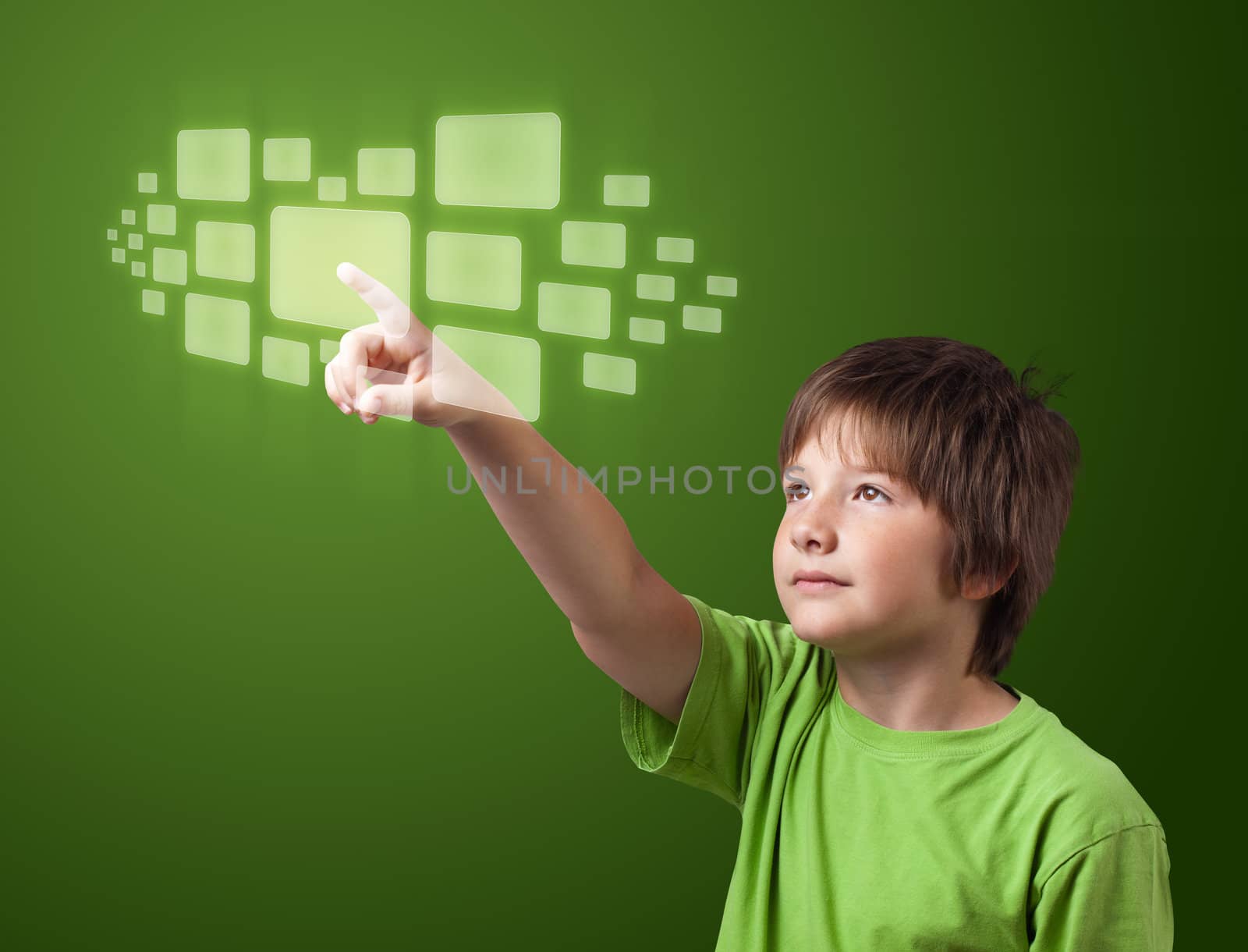 Businessman pressing high tech type of modern buttons on a virtual background