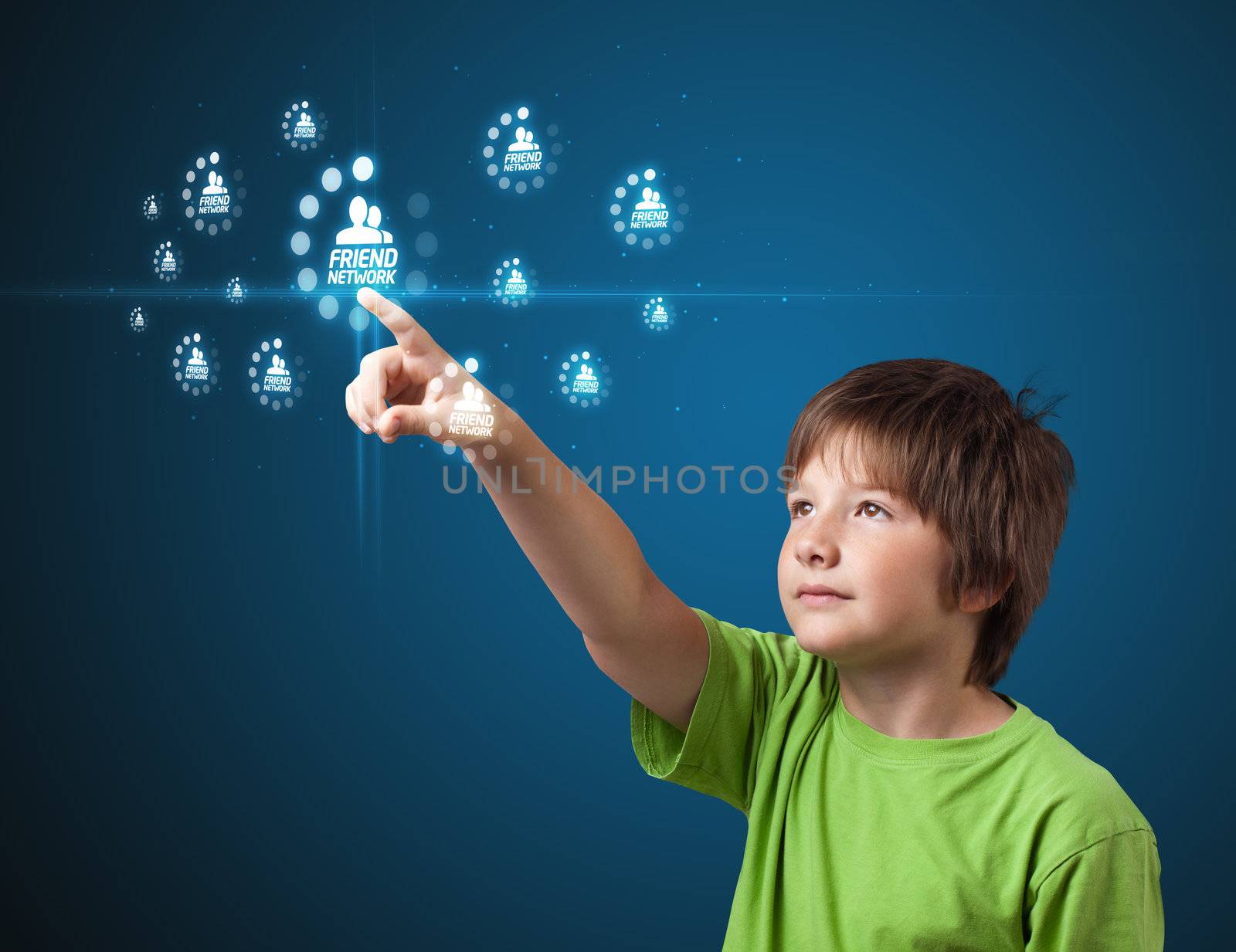 Businessman pressing modern social buttons on a virtual background