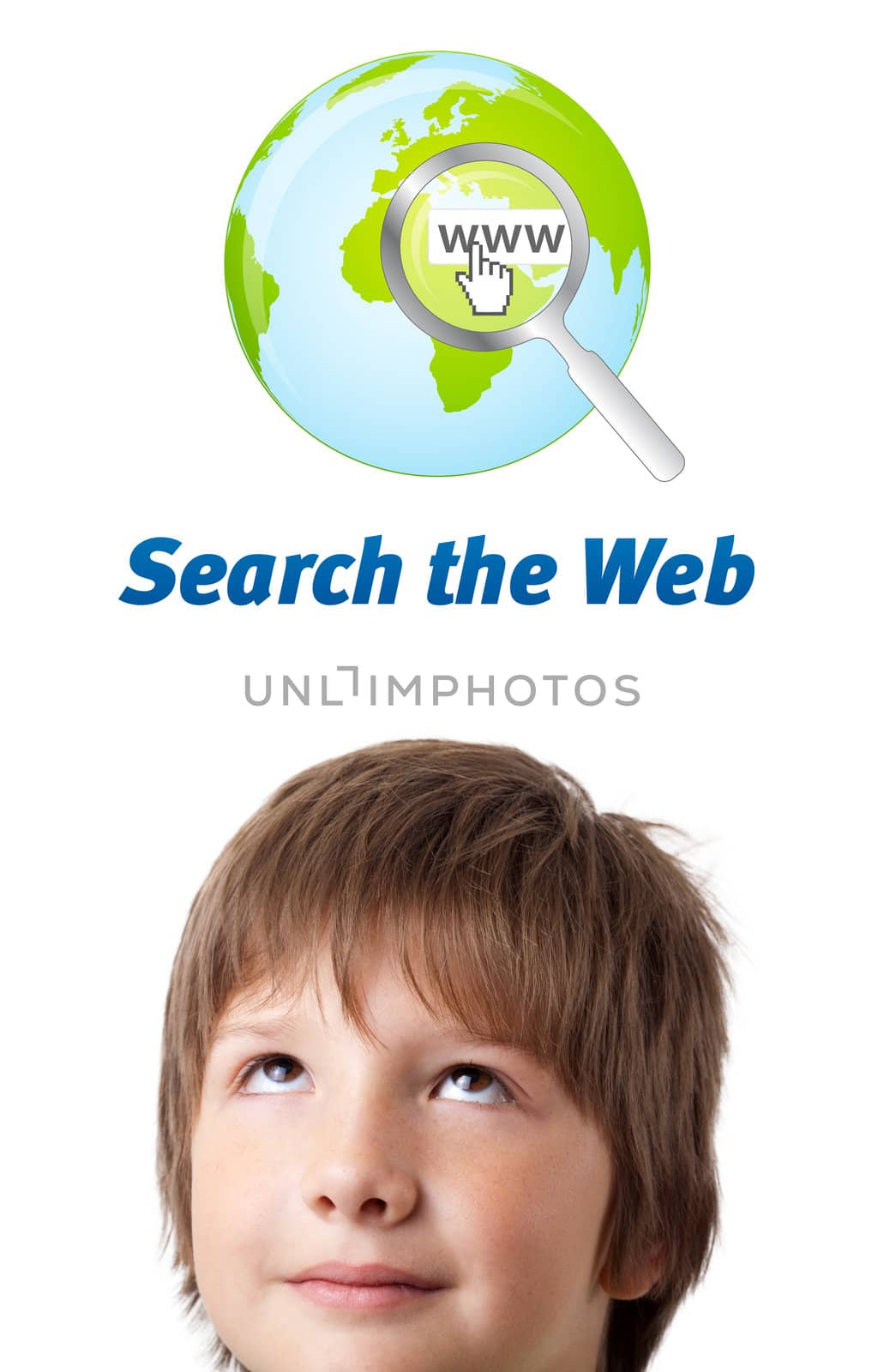 Young persons head looking with gesture at internet type of icons