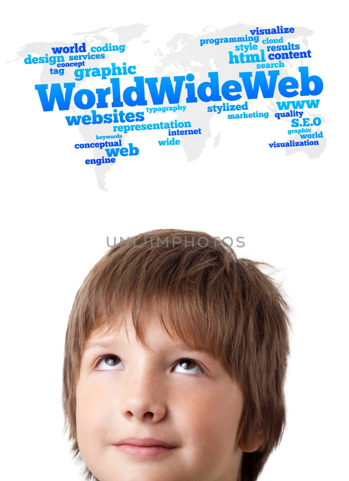 Young persons head looking with gesture at internet type of icons